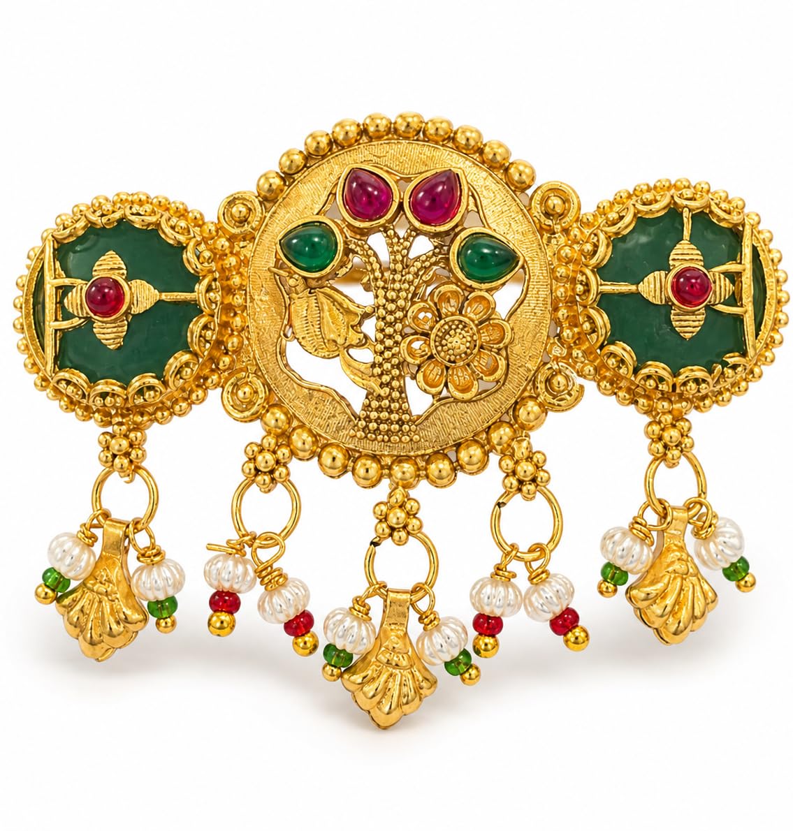 La Fille D’or Gold-Tone Temple Ring for Women, Designer Adjustable Statement Cocktail Ring with Multicolor Stones, Traditional South Indian Floral Motif Ethnic Jewelry-image-22
