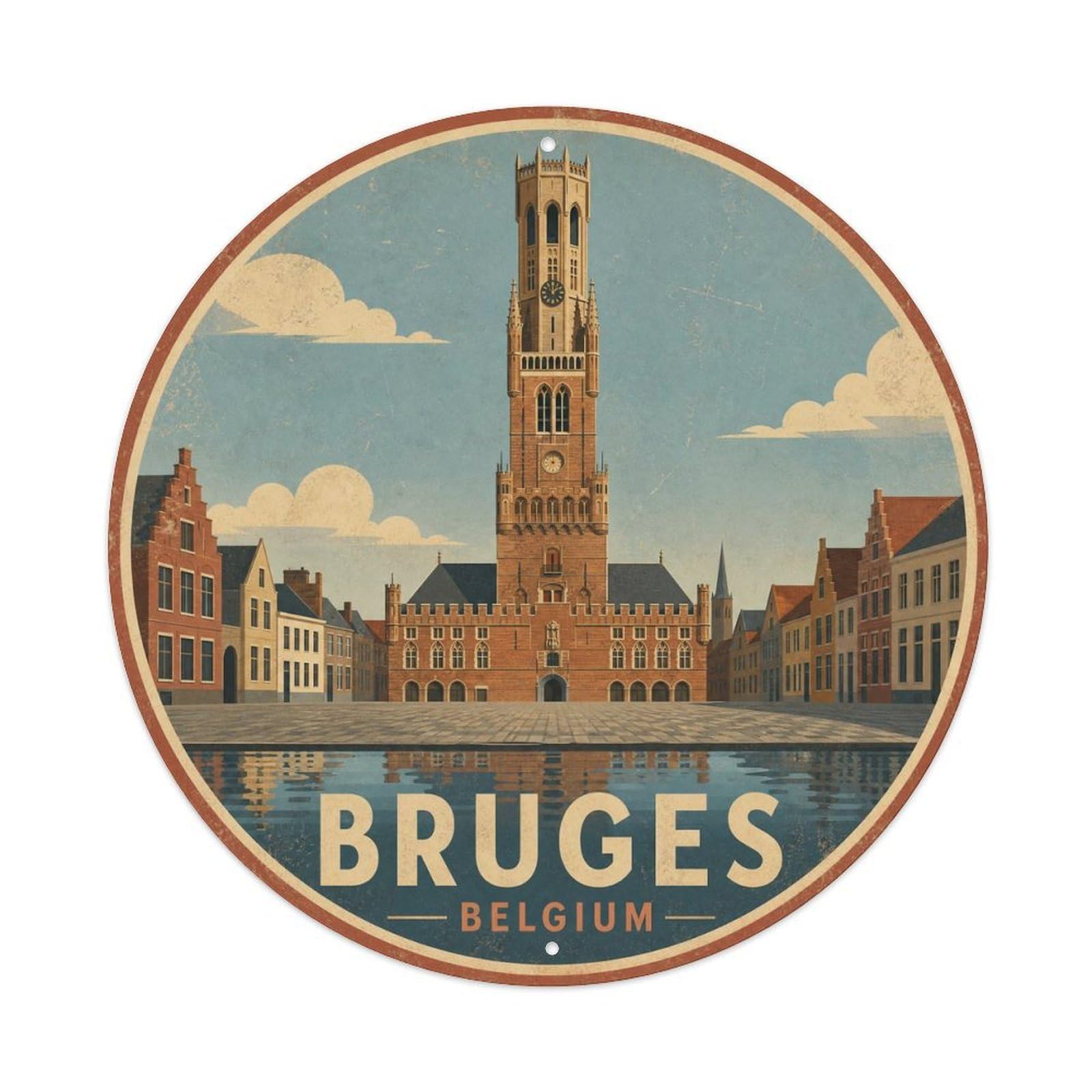 Vintage Travel Belgium Bruges Vintage Metal Tin Sign Plaque Wall Decor for Cafe, Club Bar, Office, Garden Metal Poster 8x8Inch