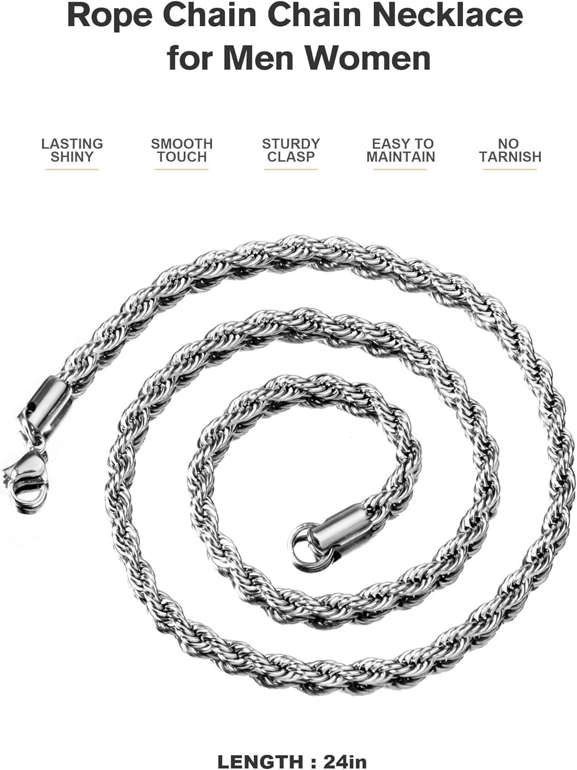 Silver Plated Rope Chain Necklace for Women, 2.5mm Dainty Silver Rope Link Chain Necklace 24 Inches - Image 5