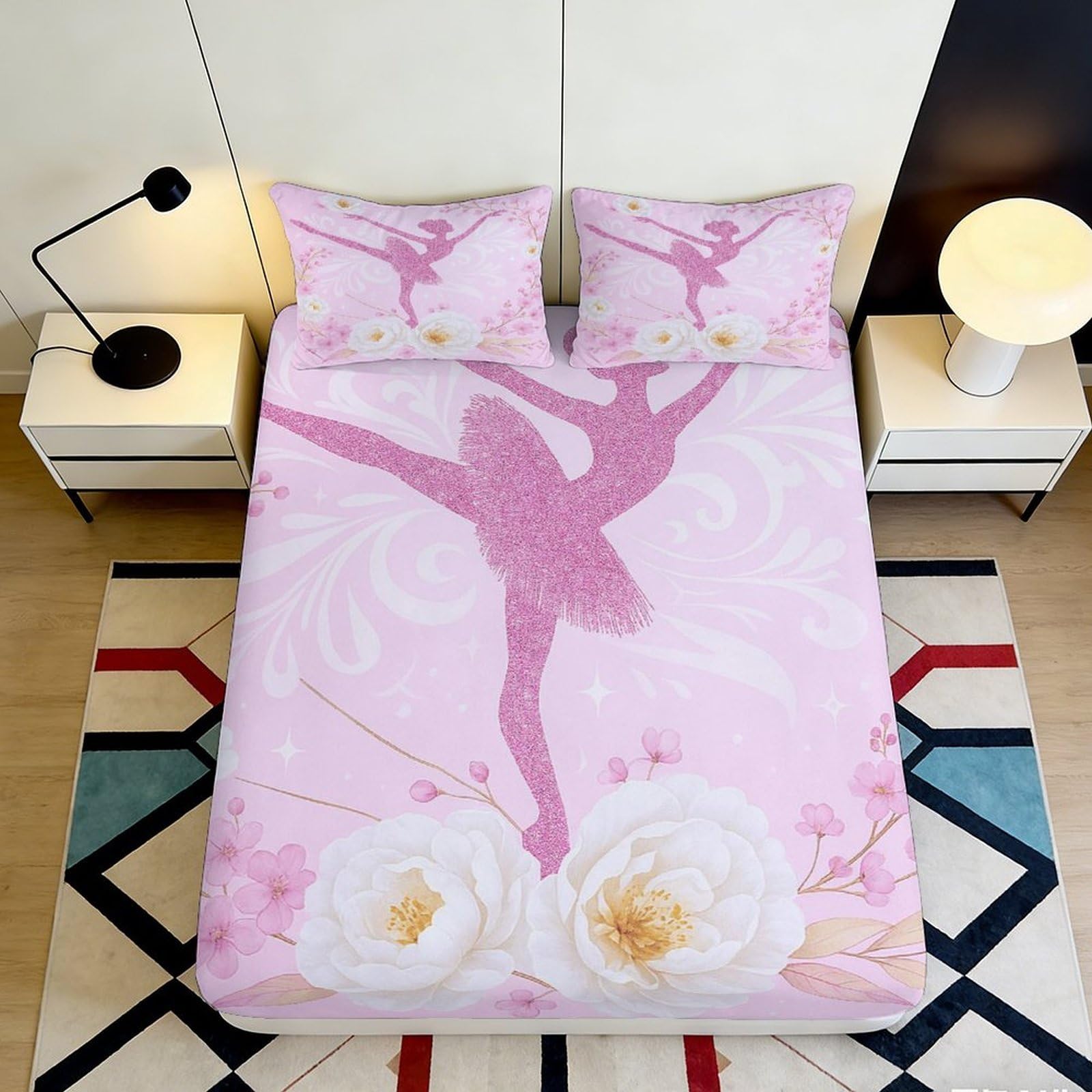 3D Printed Ballet Dancer Fitted Sheet Microfiber Pink Rose Mattress Cover for Bedroom Guest Room Soft Washable 90x200x25cm
