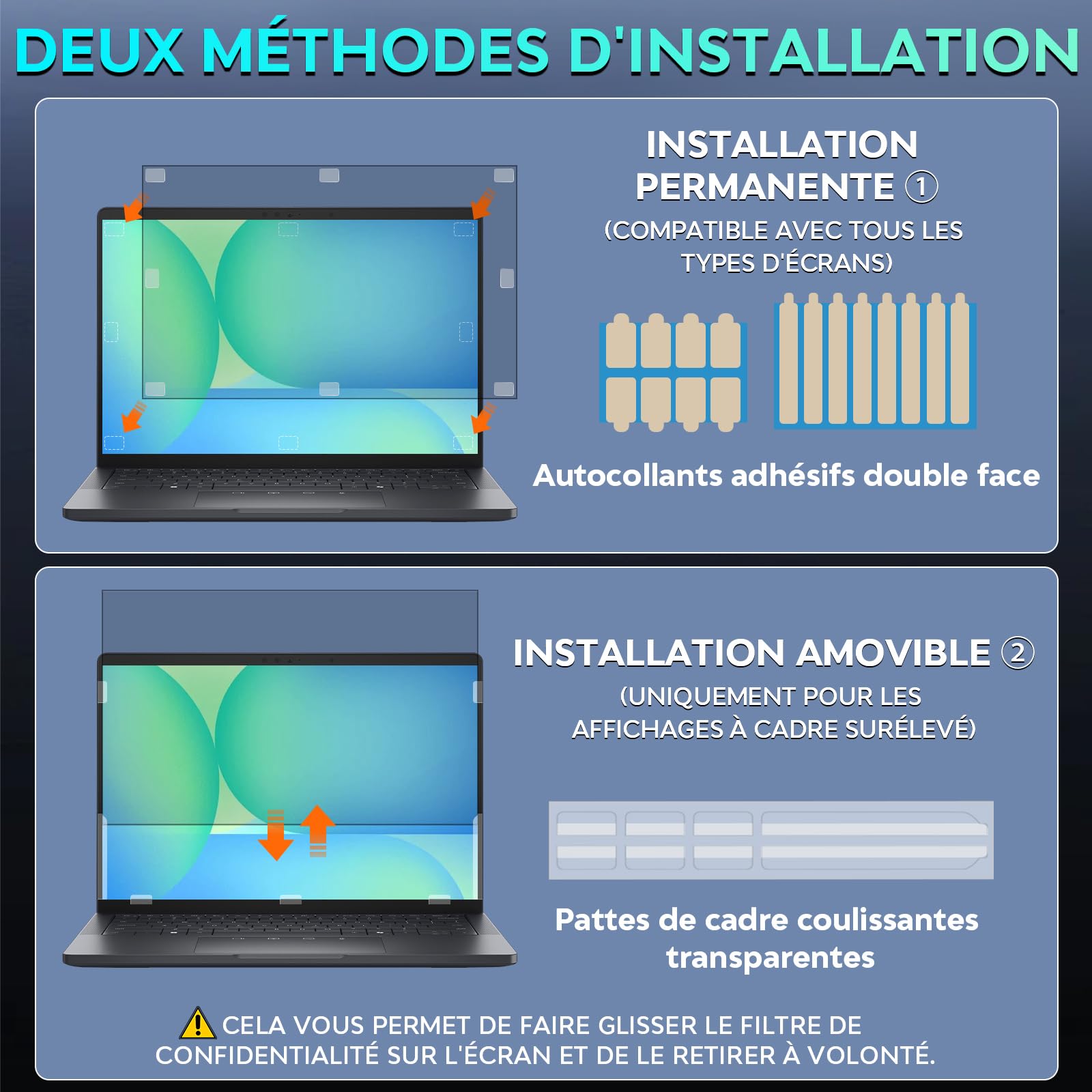 Filtre de Confidentialité pour 14 pouces ordinateurs portables Aspect 16:10, Anti-espionnage, Anti-lumière bleue et Anti-reflets, Amovible, compatible avec Lenovo, HP, Dell, Acer, Samsung, Asus