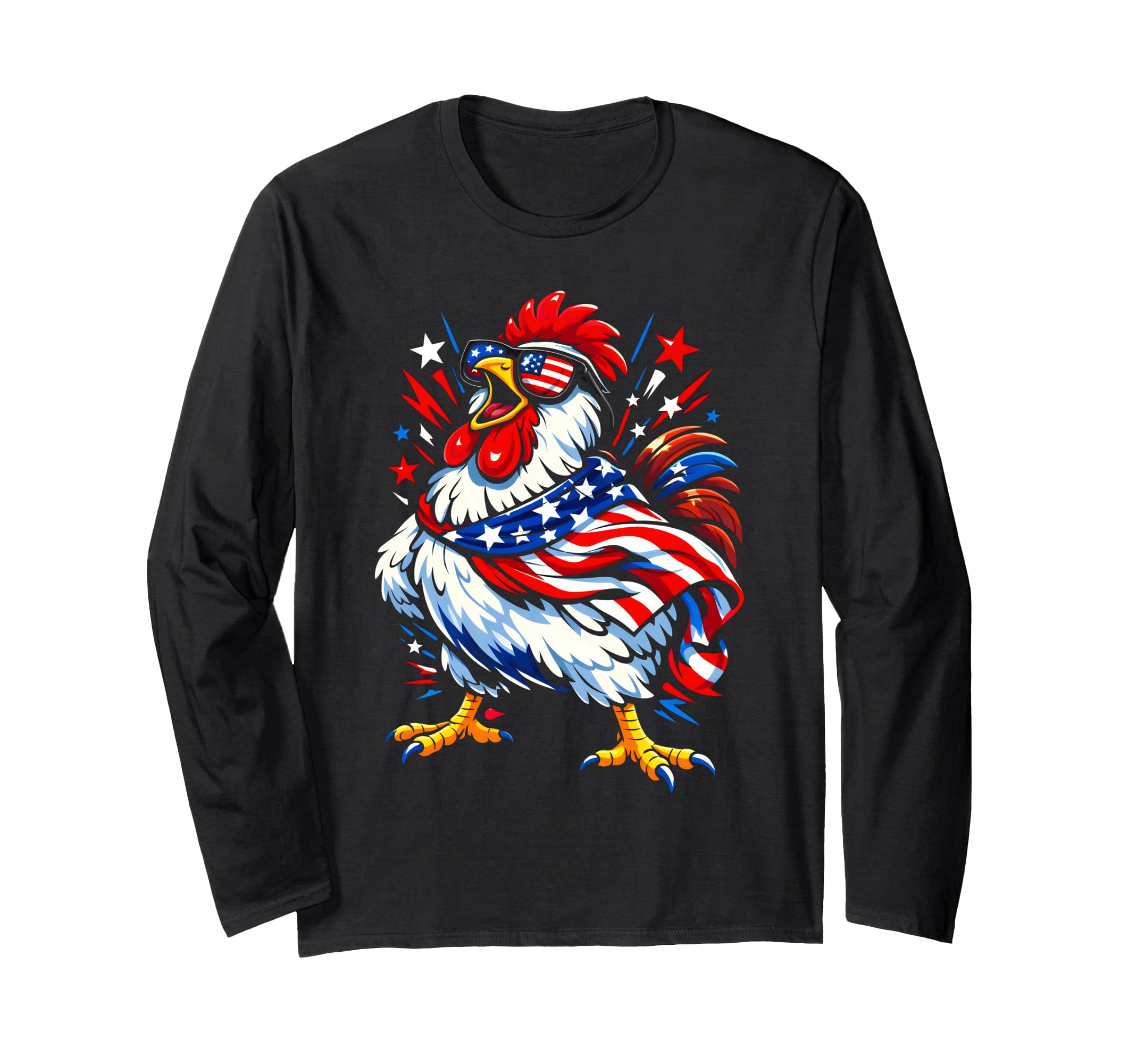 Funny Patriotic 4th of July Chicken Americana USA Flag Long Sleeve T-Shirt