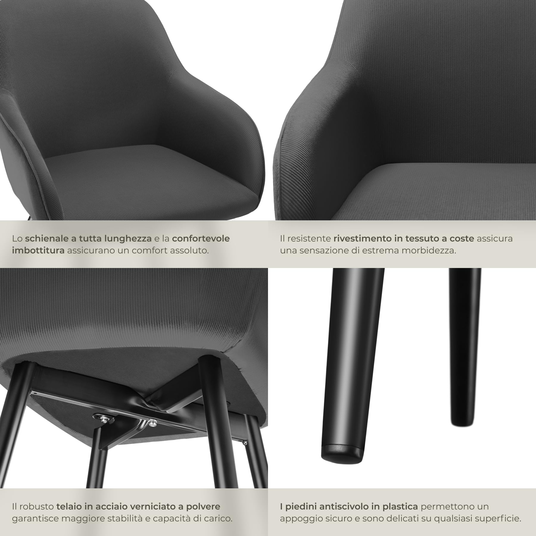 tectake® Sedia Velluto a Coste con Braccioli, Sedia Sala da Pranzo con Gambe in Acciaio, Comoda Poltrona Salotto con Imbottitura Schiuma ad Alta Densità, Poltrona Antiscivolo - Antracite/Nero