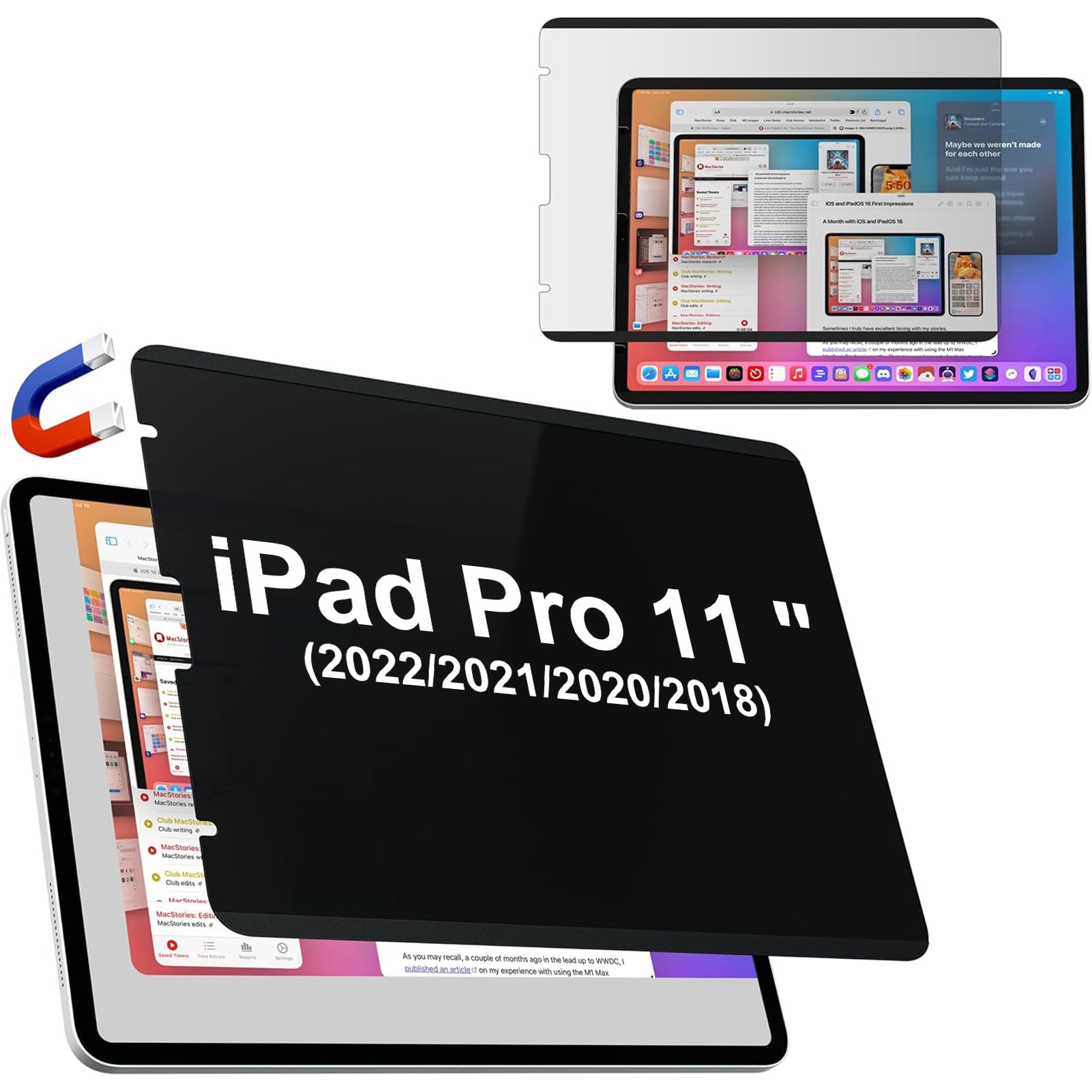 Magnetic Privacy Screen Protector Compatible With iPad Air 5th 4th Generation 10.9 Inch &amp; iPad Pro 11(2018/2020/2021/2022), Removable Anti Blue Light Glare Spy Private Filter Black Security Screen Cover