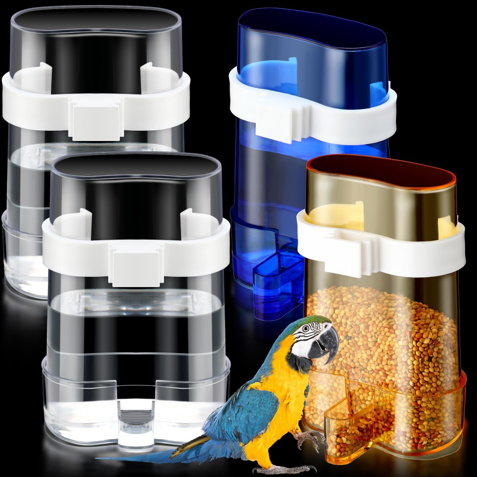 Tazweeq 4 Pcs No Mess Bird Feeders, Clear Bird Seed Container Parakeet Cage, Automatic Parrot Water Dispenser, Accessories for Small and Medium Birds Parrot Cockatiel Canary (Multicolor)