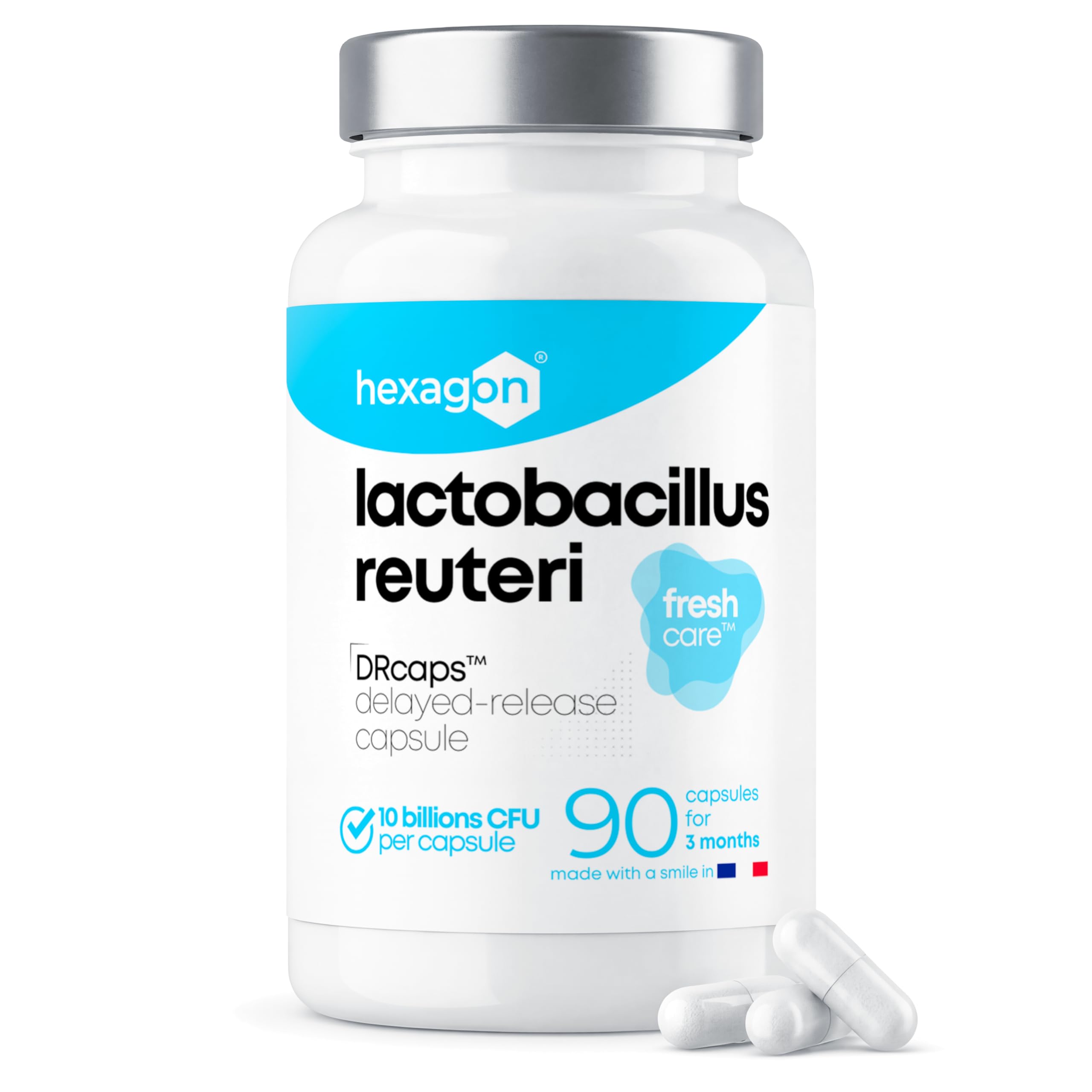 Lactobacillus Reuteri 10 Milliards UFC/Gélule - Cure Complète +3 Mois - L-Reuteri - Probiotique - Ferment Lactique - Freshcare™ Fraîcheur Optimale - 90 Gélules DRcaps™ - Vegan - Hexagon