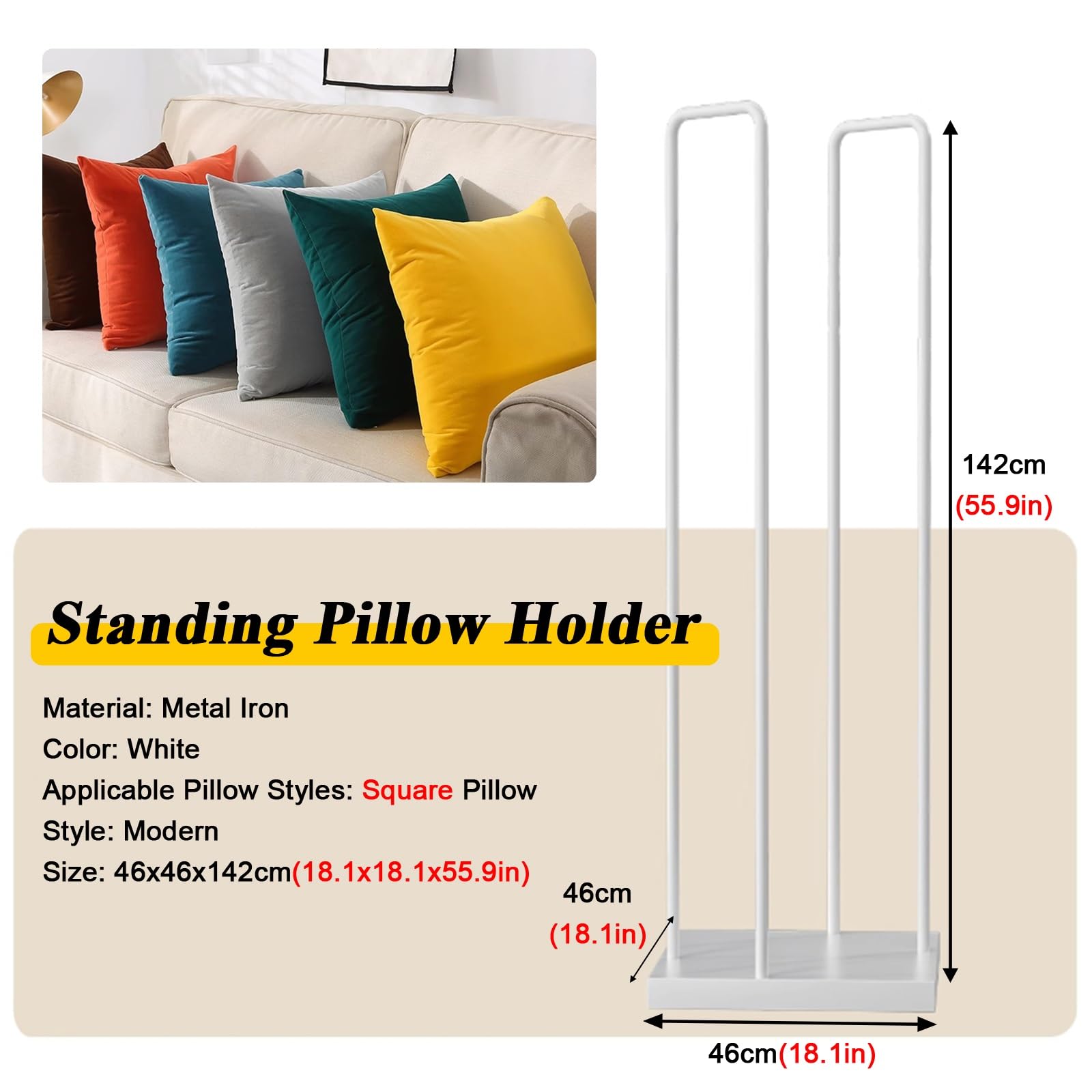 Square Pillow Rack for Bedroom, Commercial Retail Throw Pillow Display Rack with Adjustable Foot Pad, Living Room/Hotel Cushion Pillow Stand Holder, Freestanding White Metal