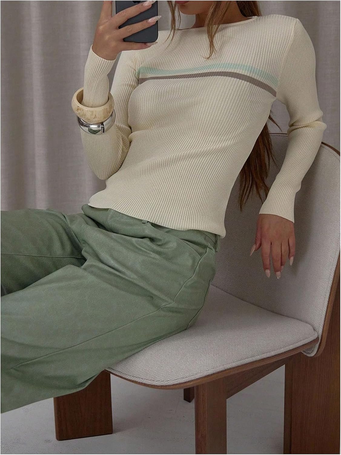 Milumia Women's Striped Crew Neck Sweater Long Sleeve Ribbed Knit Casual Tee Shirts - Image 4