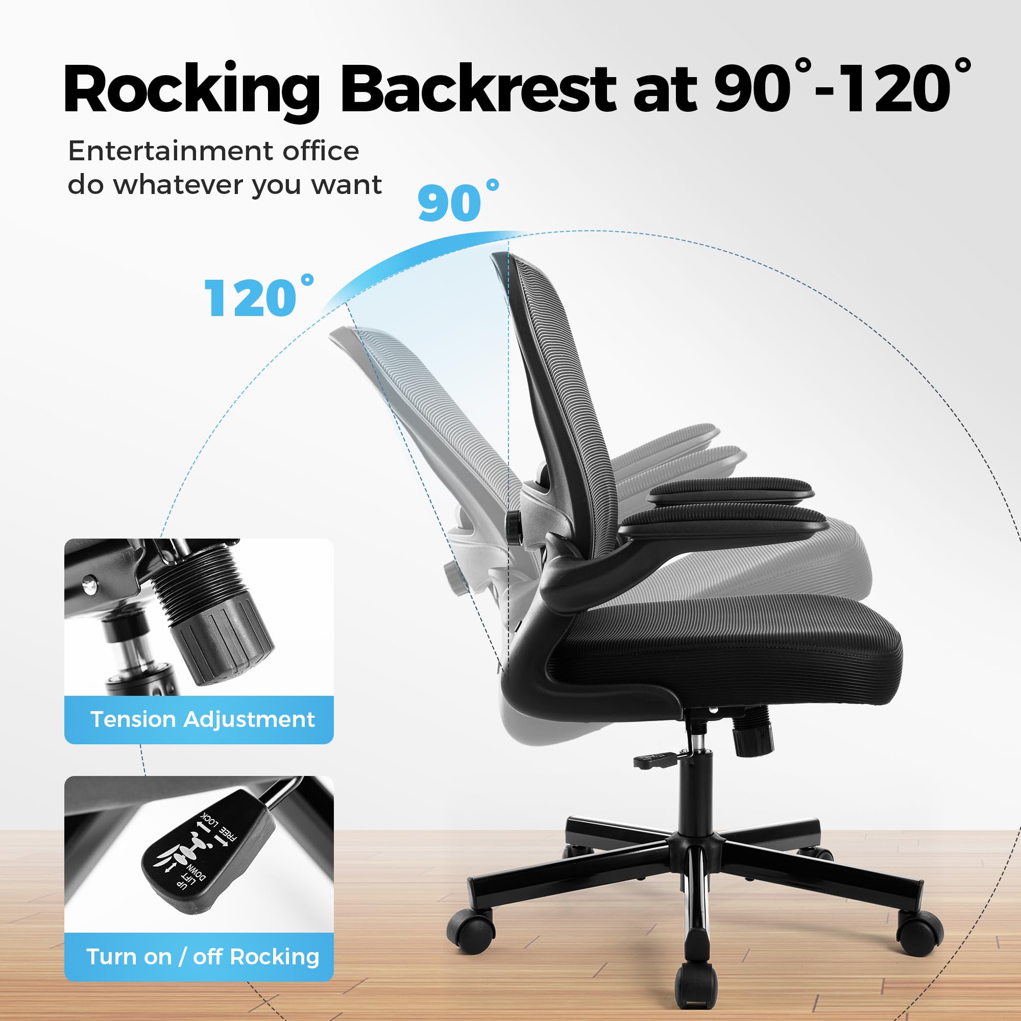 ALPHA HOME Bürostuhl Ergonomischer Schreibtischstuhl mit Lendenwirbelstütze, Höhenverstellbar, Bürostühle aus Netzgewebe mit Hochklappbaren Armlehnen, Schwingende Rückenlehne für das Home Office