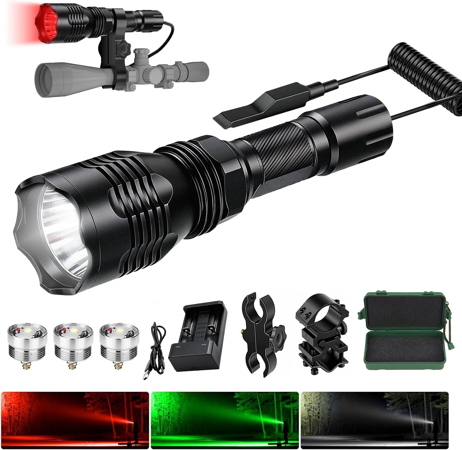 VASTFIRE Predator Light with Interchangeable (Red, Green, White) LED Hunting Flashlight with Scope Mount for Hog Coyote Coon Bobcat Raccoon Varmint Rabbit Night Hunting