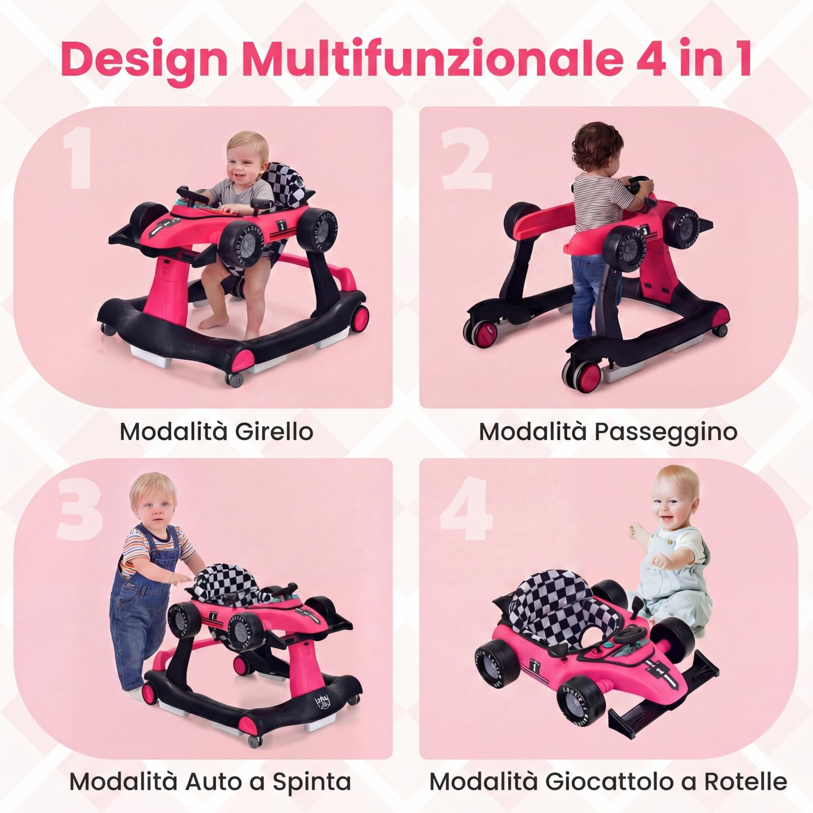 RELAX4LIFE Girello per Bambini 6 in 1 con Luci e Suoni, Vassoio Giocattolo Rimovibile, 2 Velocità Ruote e 3 Altezze Regolabili 50,5/53,5/55,5 cm, Portata 12 kg (ROSA SHOCKKING)