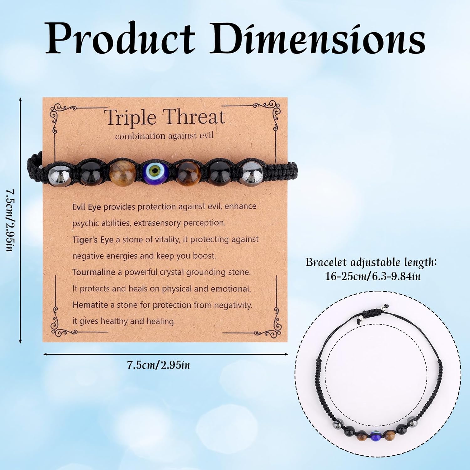 Evil Eye Bracelet, Adjustable Evil Eye Bracelet Ornament Good Luck Fashion Protection Black Tourmaline Stone Beaded Jewelry for Friends Men Women Birthday Trendy Gift - Image 2