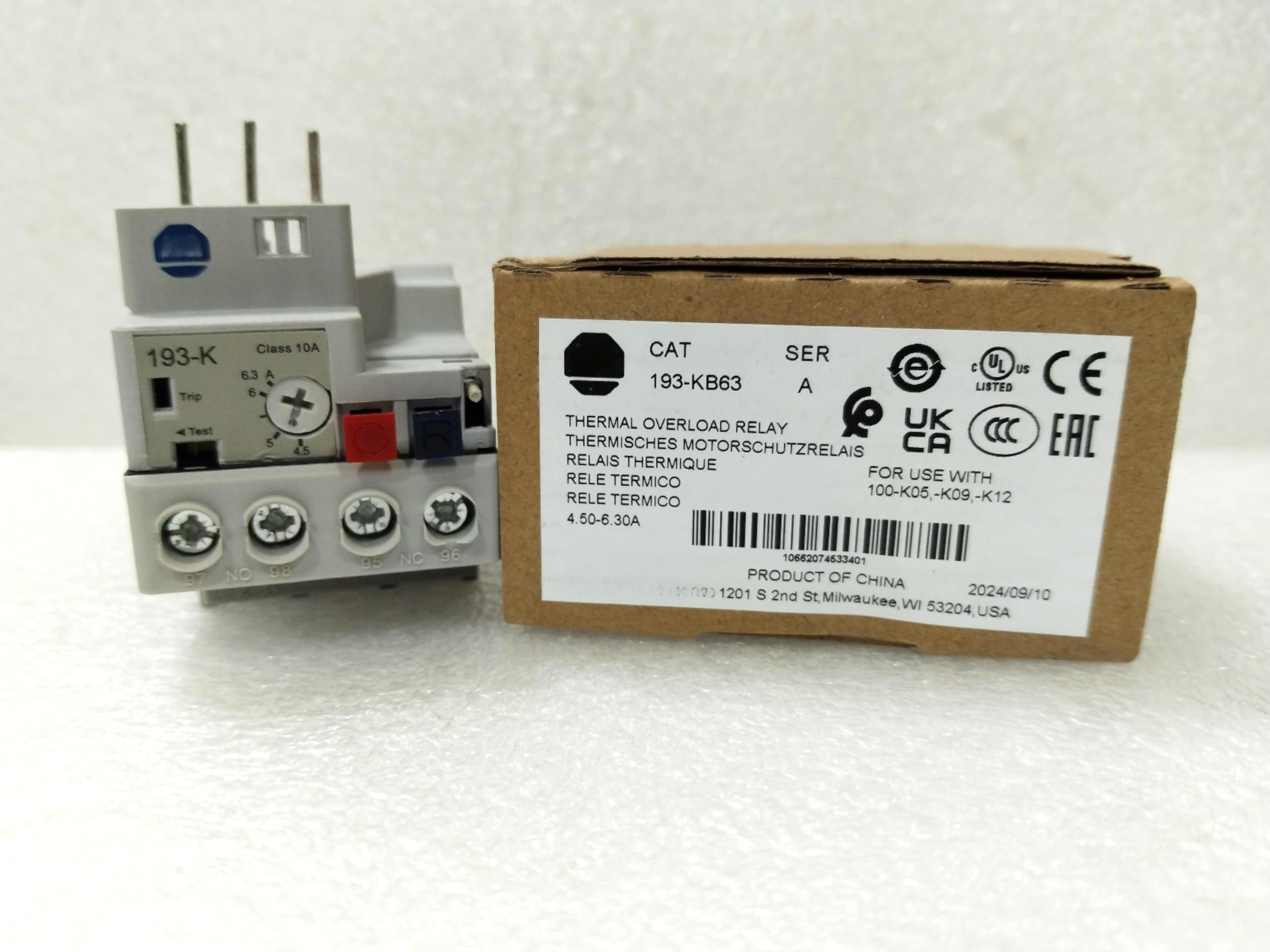 193-KB63,IEC 193-K Mini Bimetallic Overload Relay,4.50...6.30A,Applicable:100-K05...100-K12,Original Packaging,Never Used,in Stock,Ship Now.