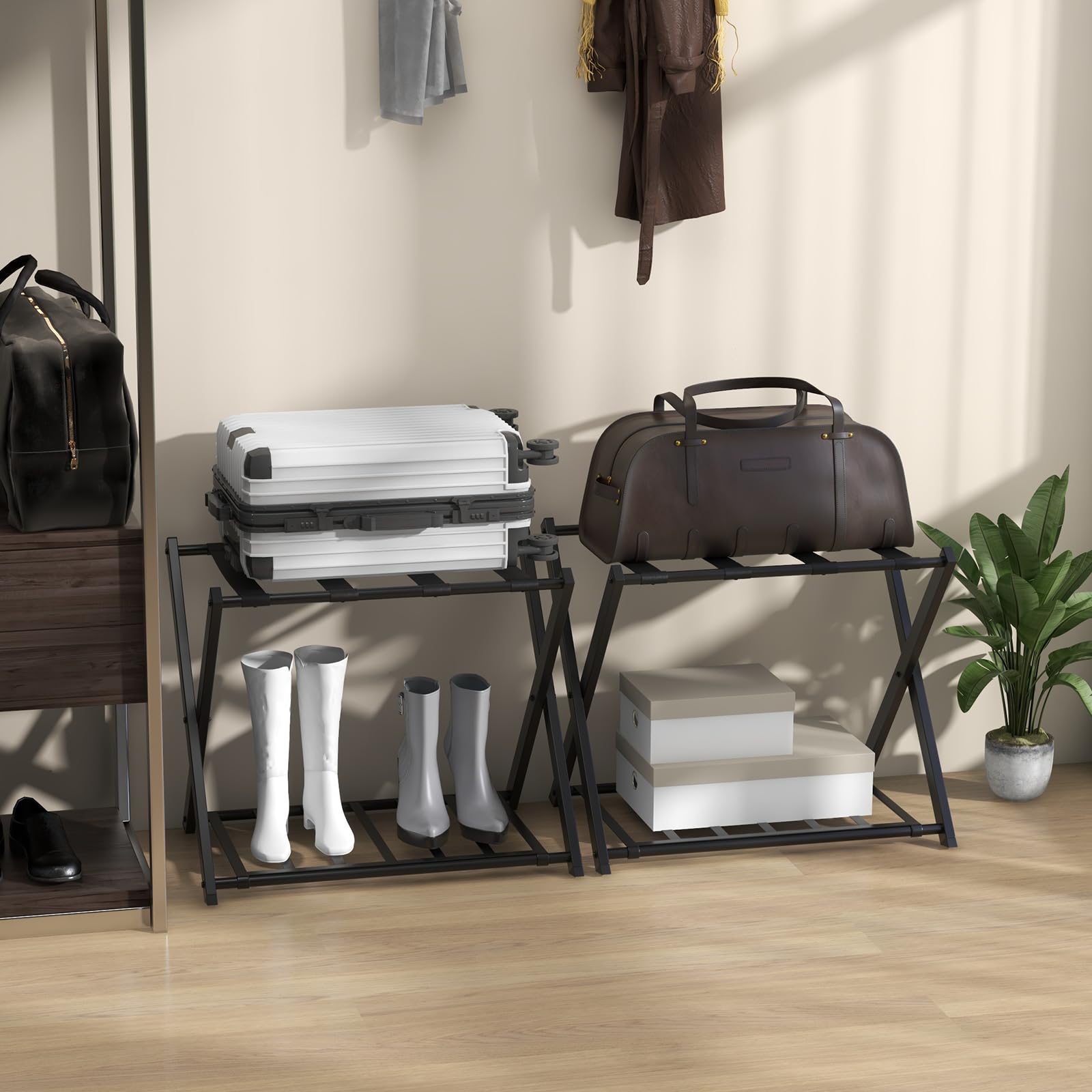 SOARS Portavaligie Pieghevole in Metallo 2 Pezzi 68x45x57 cm Cavalletto Reggivaligie Multiuso con 2 Ripiani Portata 80 kg Nero
