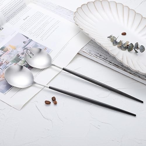 Miniatura 2 de Zerophilo Juego de servidores de ensalada, cuchara y tenedor de 11.41 pulgadas, acero inoxidable 1810, chapado en titanio (negro plateado)