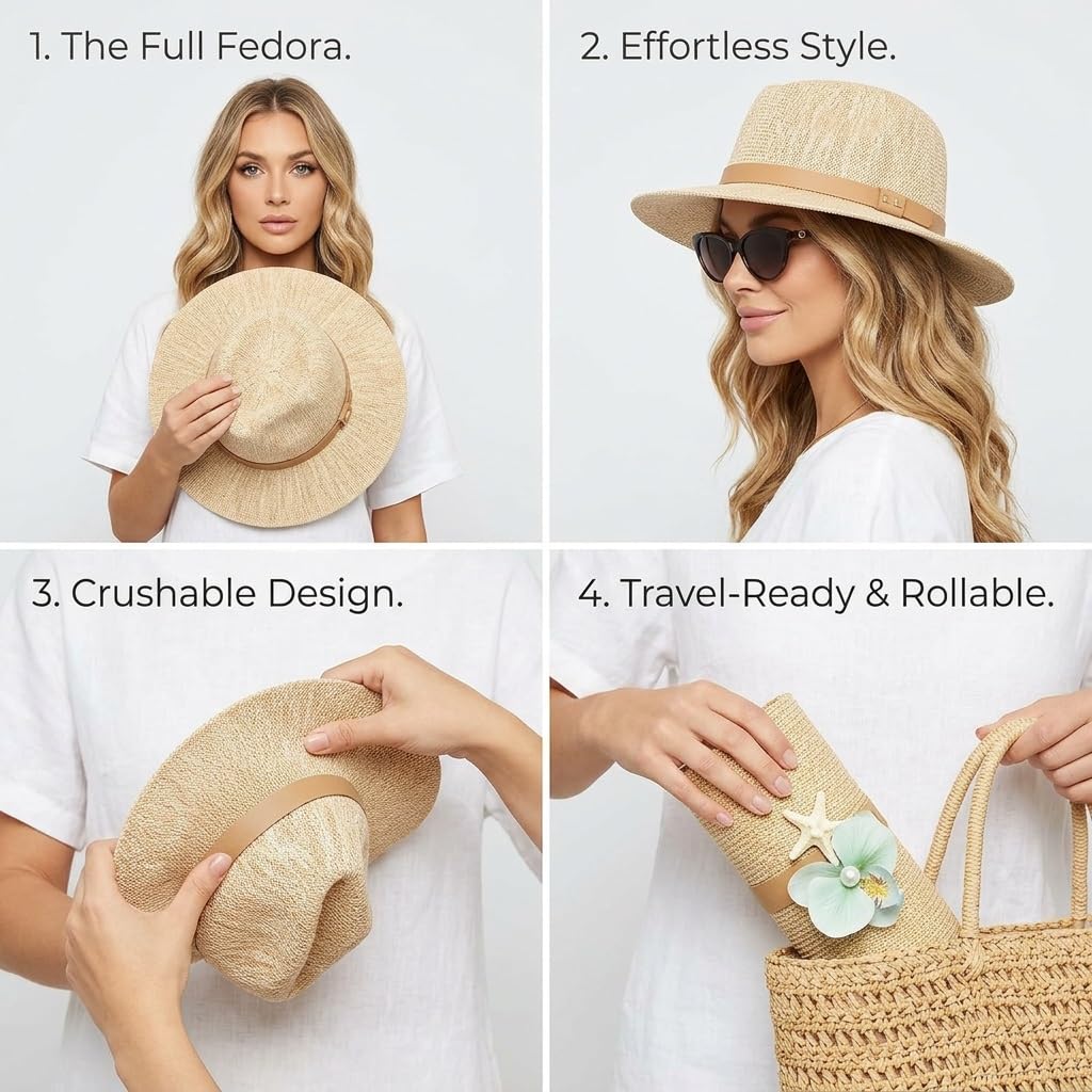 Cappello Fedora in Maglia per Donna, Cappello da Sole Pieghevole e Morbido, Leggero e Traspirante per Spiaggia, Vacanze, Viaggi, Escursionismo