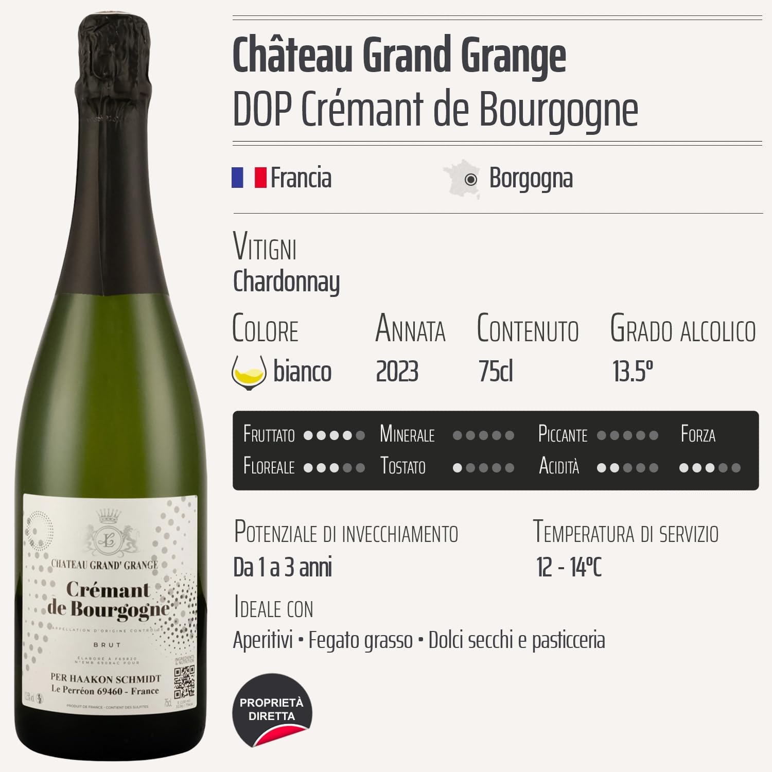 Crémant de Bourgogne Chardonnay bianco 2023 - Château Grand Grange - DOP - Borgogna - Francia - Vitigni Chardonnay - 6x75cl