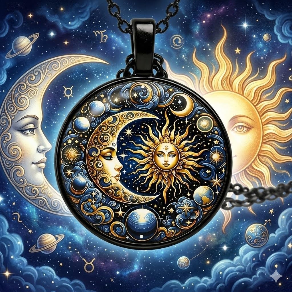 Celestial Sun and Moon Pendant Necklace, Mystical Galaxy Design, Black and Gold, 45cm Chain with 5cm Extension, 2.5cm Round Medallion