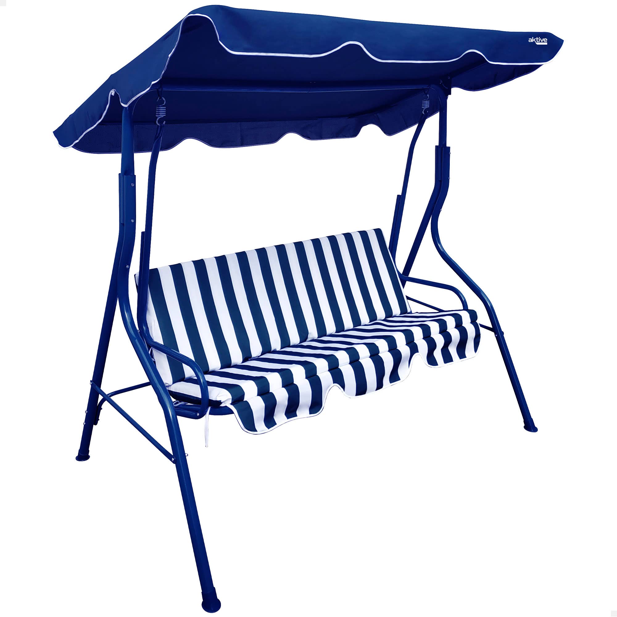 Aktive 61112 - Altalena da giardino a 3 posti Blu-Bianco | Tendalino basculante, seduta e schienale imbottiti | Sedia a dondolo da giardino antiscivolo per esterni | Misure 170x110x153