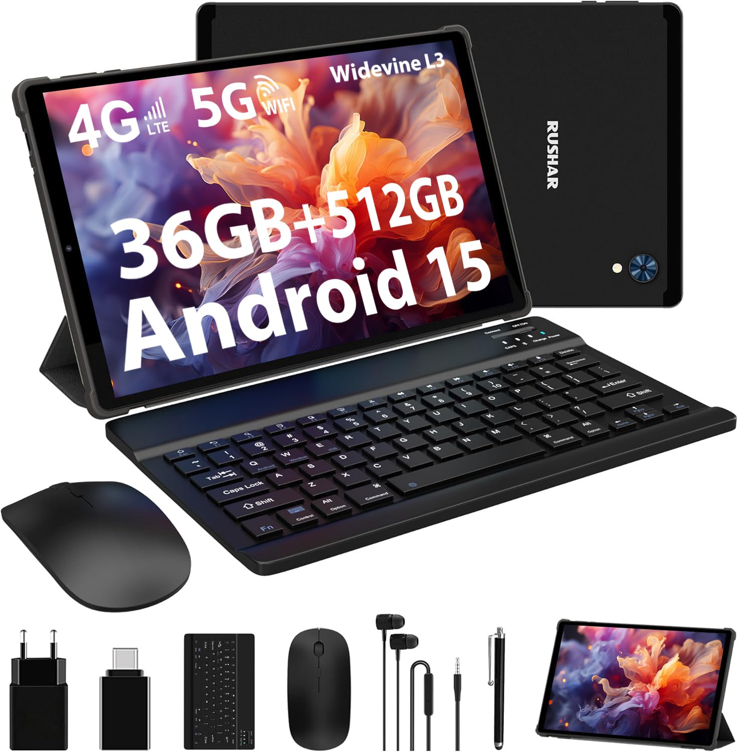 RUSHAR Tablet Andriod 15, Tablet 10.6 Pollici, 36GB RAM+512GB ROM(TF 2TB), 4G LTE+5G WiFi/INCELL 2000 * 1200/8000mAh/Octa-Core/13MP+8MP/BT5.0/OTG, 2 in 1 Tablets con Tastiera e Mouse, Nero