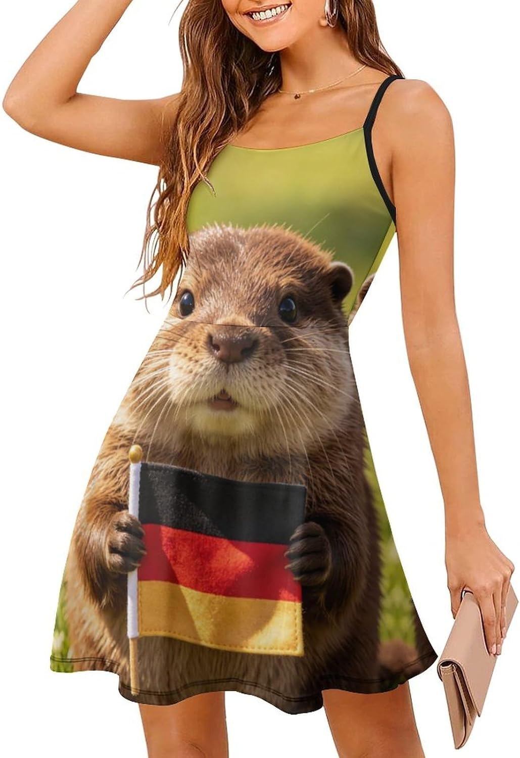 A Beaver Holding A German Flag Short Cami Dress for Women Adjustable Spaghetti Strap Flowy Sundress Beach Vacation
