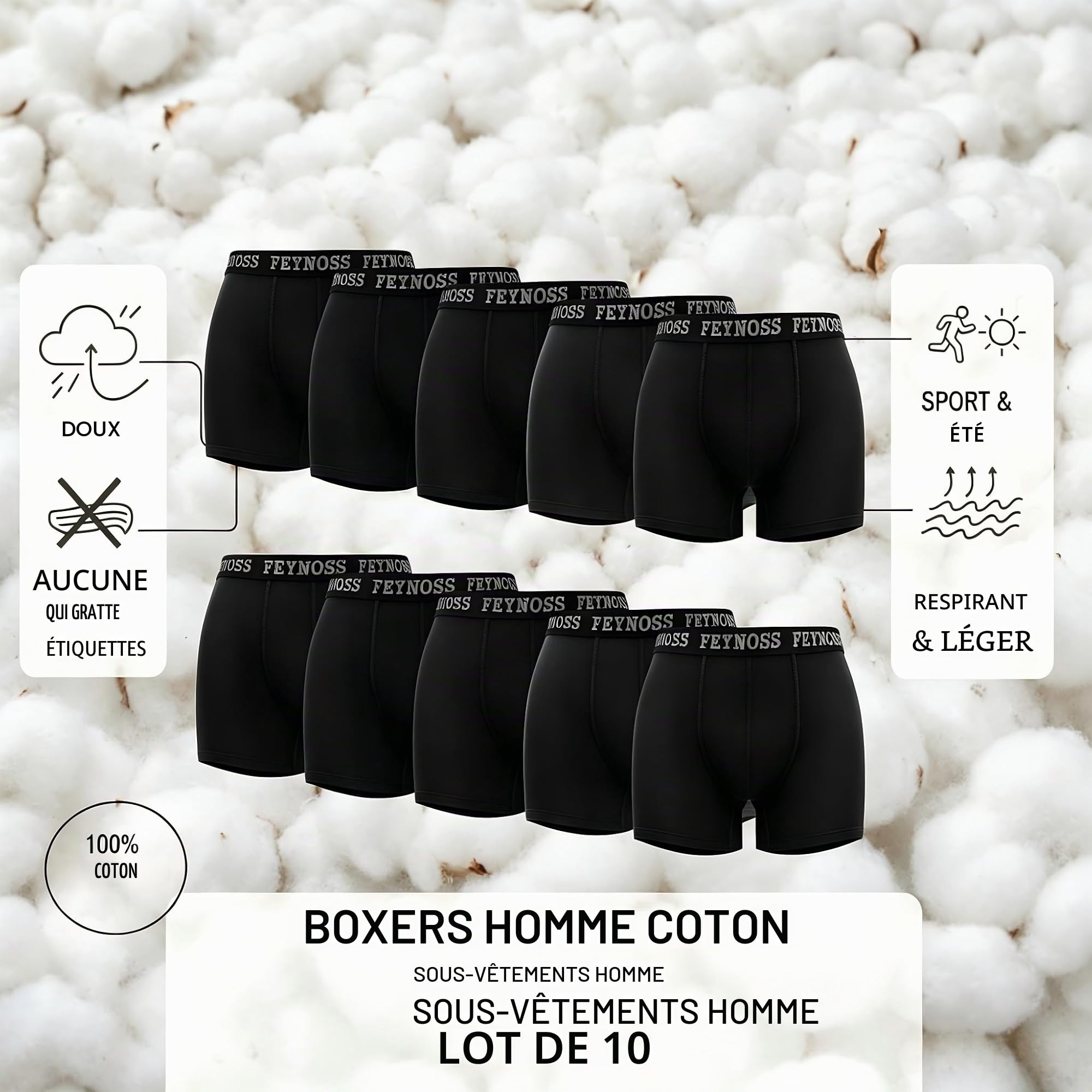 Boxer Homme Lot de 10 en Coton – sous-vêtements Homme Respirants sans Étiquette, Boxers Confortables avec Taille Élastique, Culotte Homme Douce pour Sport, Travail & Quotidien