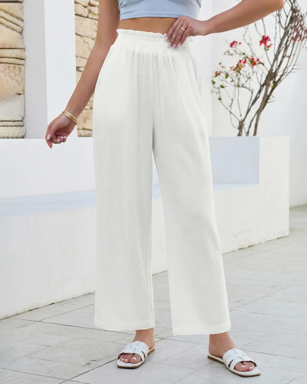 GRAPENT Linen Pants for Women Wide Leg High Waisted Paper Bag Smocked Waist Casual Summer Beach Vacation Palazzo Pants - Image 3