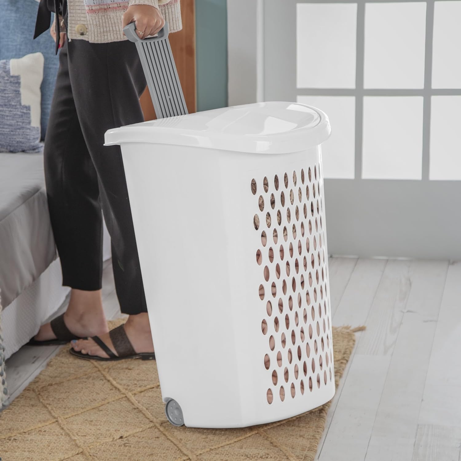 (2 Pack) Ultra Wheeled Hamper - White Plastic Laundry Hamper with Retractable Handle & Smooth Wheels, 2 Bushel Capacity for Dorms/Apartments/Family