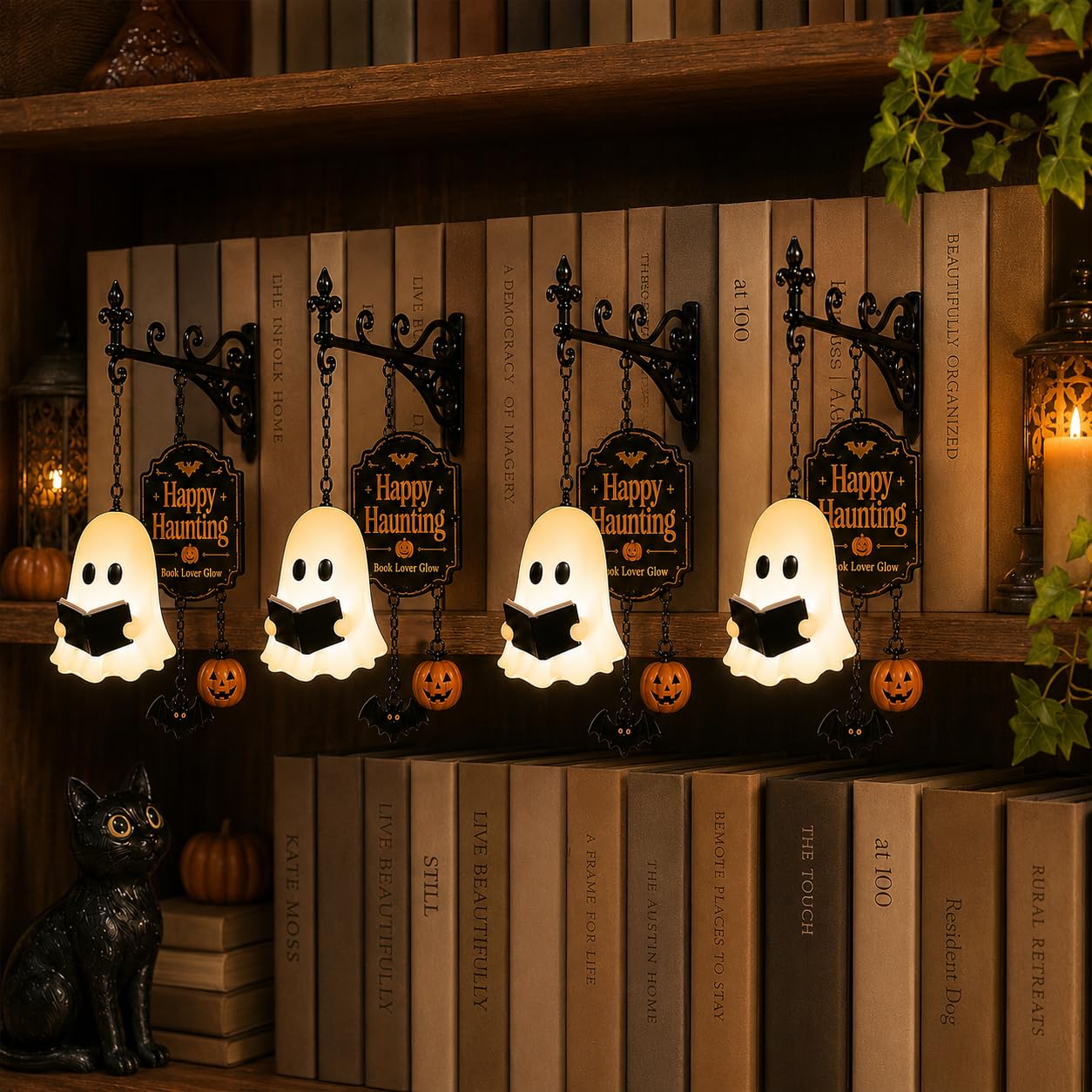 Ghost Bookshelf Lantern with Pumpkin & Bat, Decorative Bookshelf Lighting Halloween Decor Lamp Book Lover Gift，4pcs