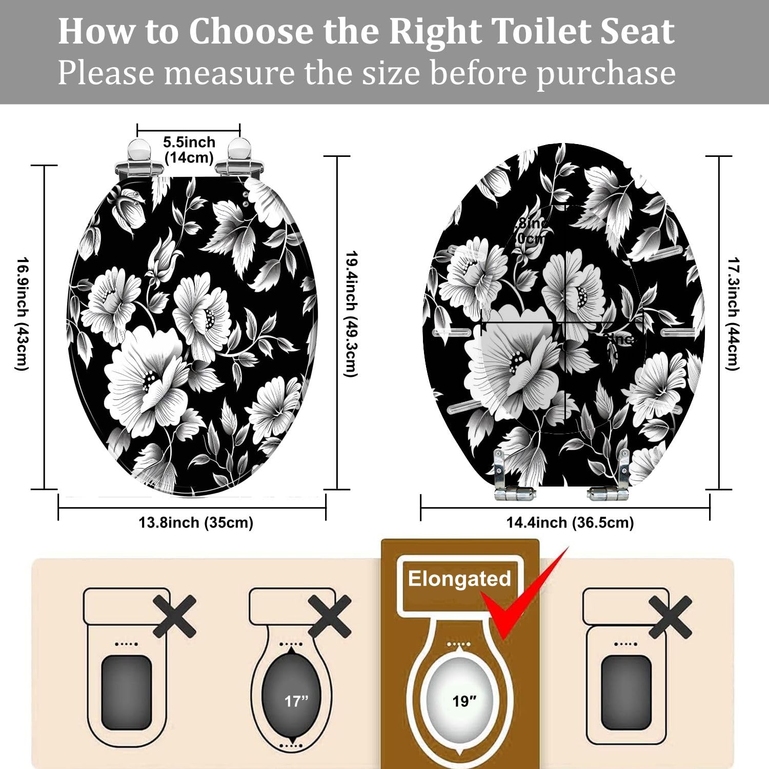 Sedile WC allungato in resina con coperchio, decorato con fiori bianchi e neri, chiusura silenziosa, cerniere a sgancio rapido.