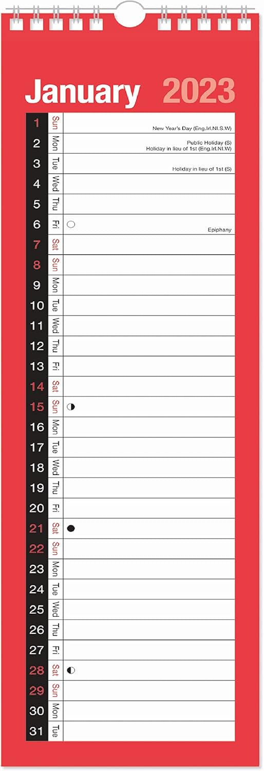 2023 Calendar Slim 1 Column Month to View Spiral Bound Wall Planner Red