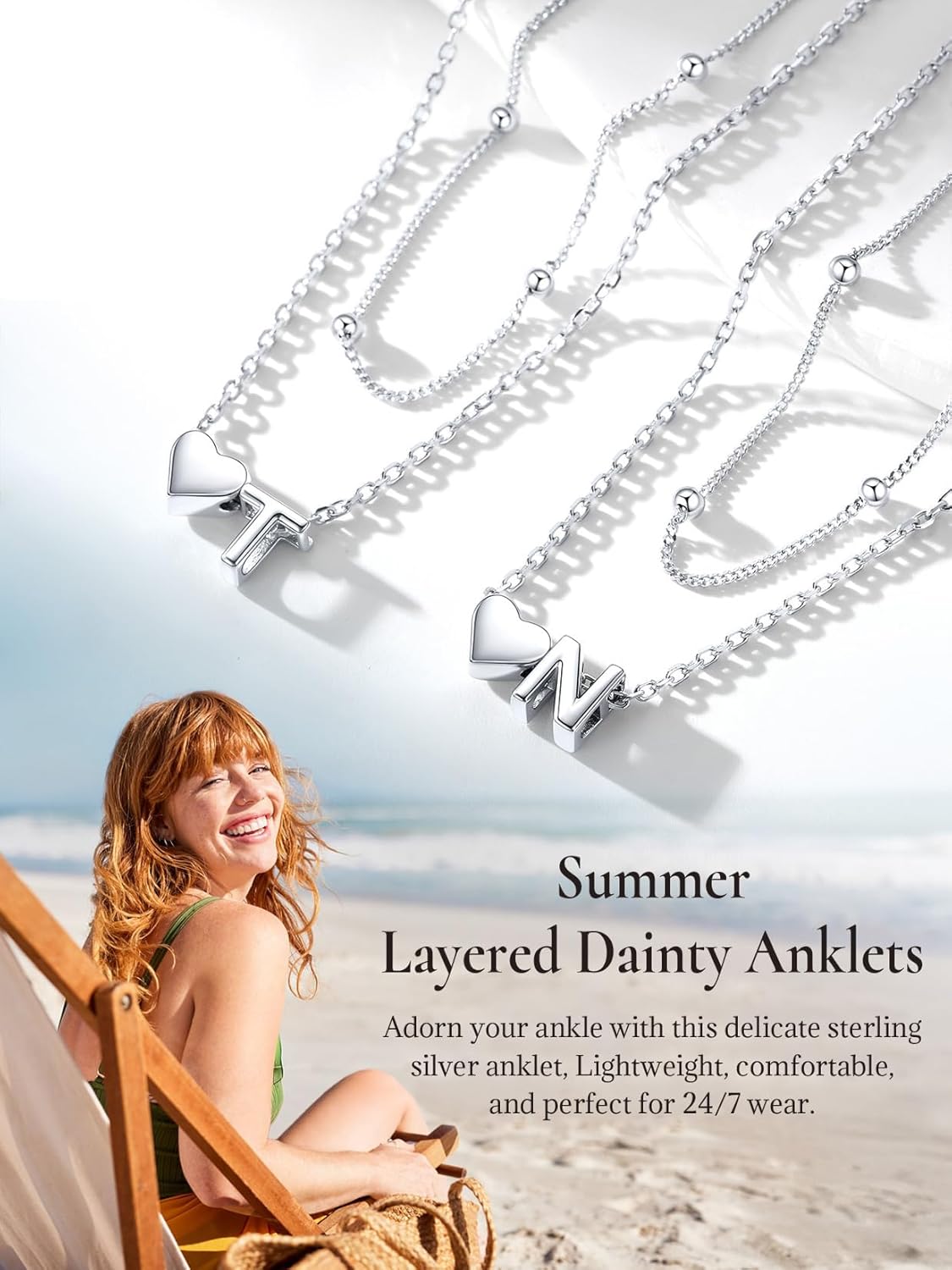 SILVERCUTE Silver Anklets for Women, Waterproof Initial Heart Ankle Bracelets Sterling Silver, Adjustable Layered Foot Jewelry Summer Beach Fashion with Personalized Name Design, Gift Package - Image 7