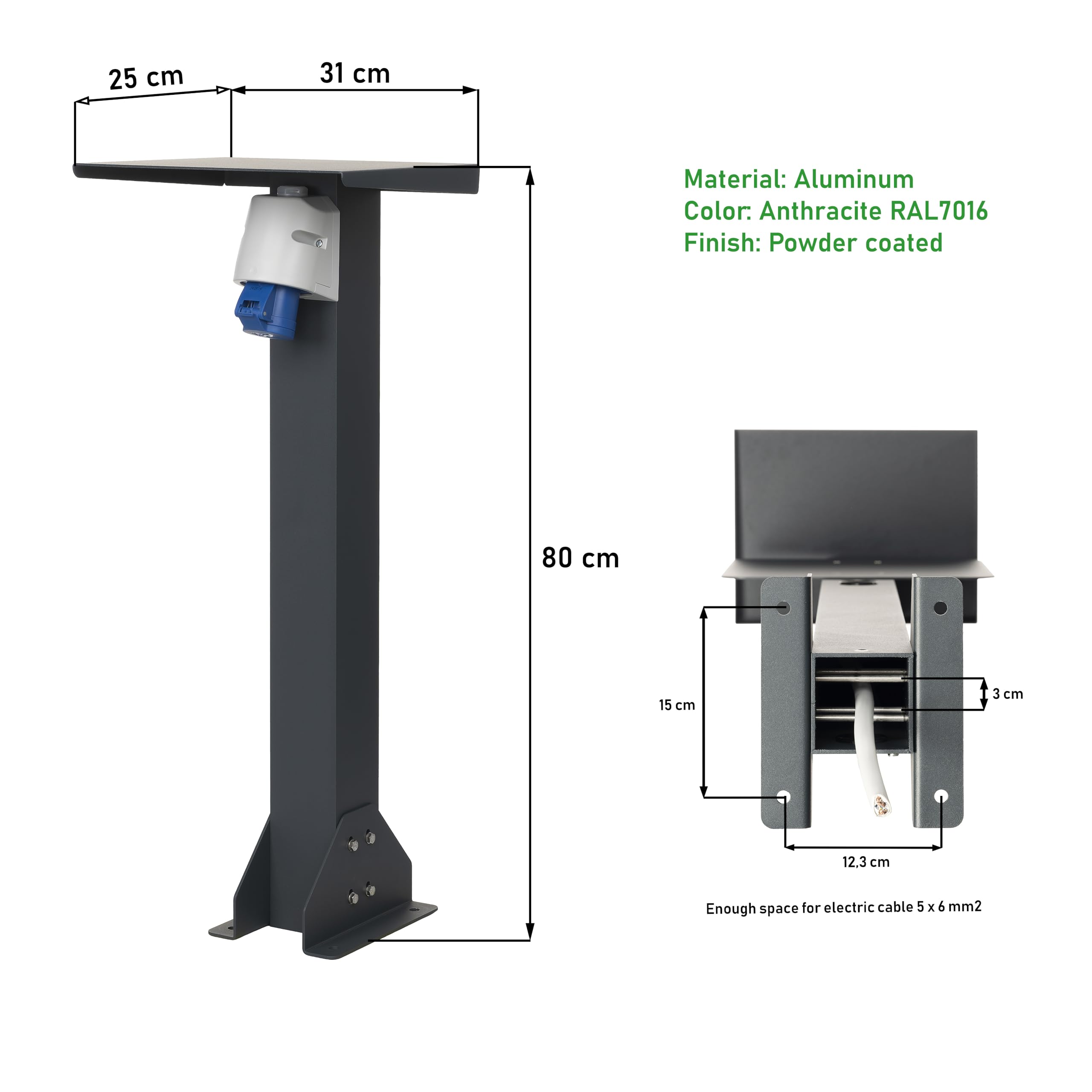 Base de aluminio con enchufe exterior. Columna de enchufes de alta calidad. Enchufe para exterior con pie (CEE 1F, 16 A, 3,7 kW)