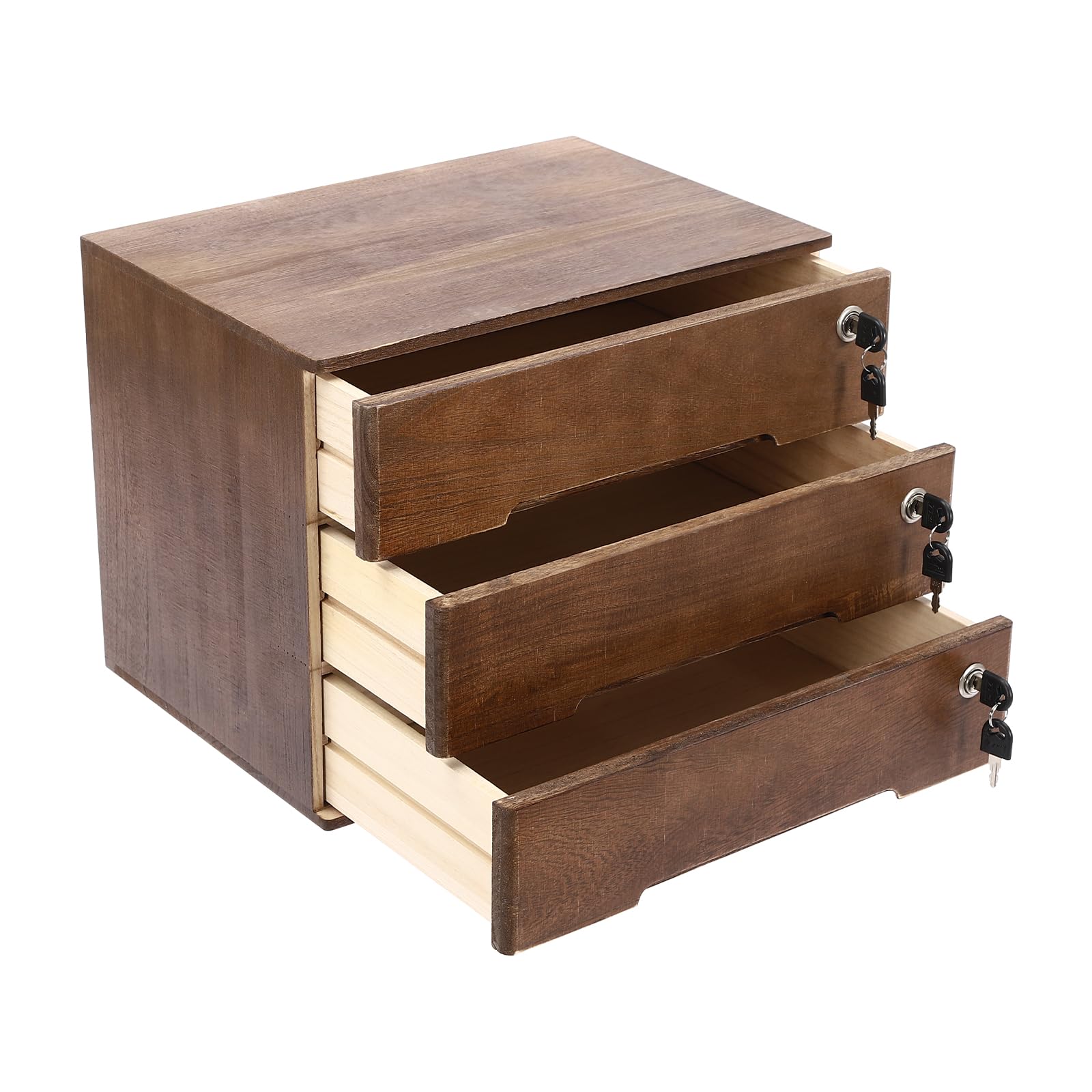 Wooden Desktop Storage Box with Lockable Drawers, 3 Tiers Office Supplies File Organizer, Flat File Cabinet Desk Storage Box for Dresser Tabletop