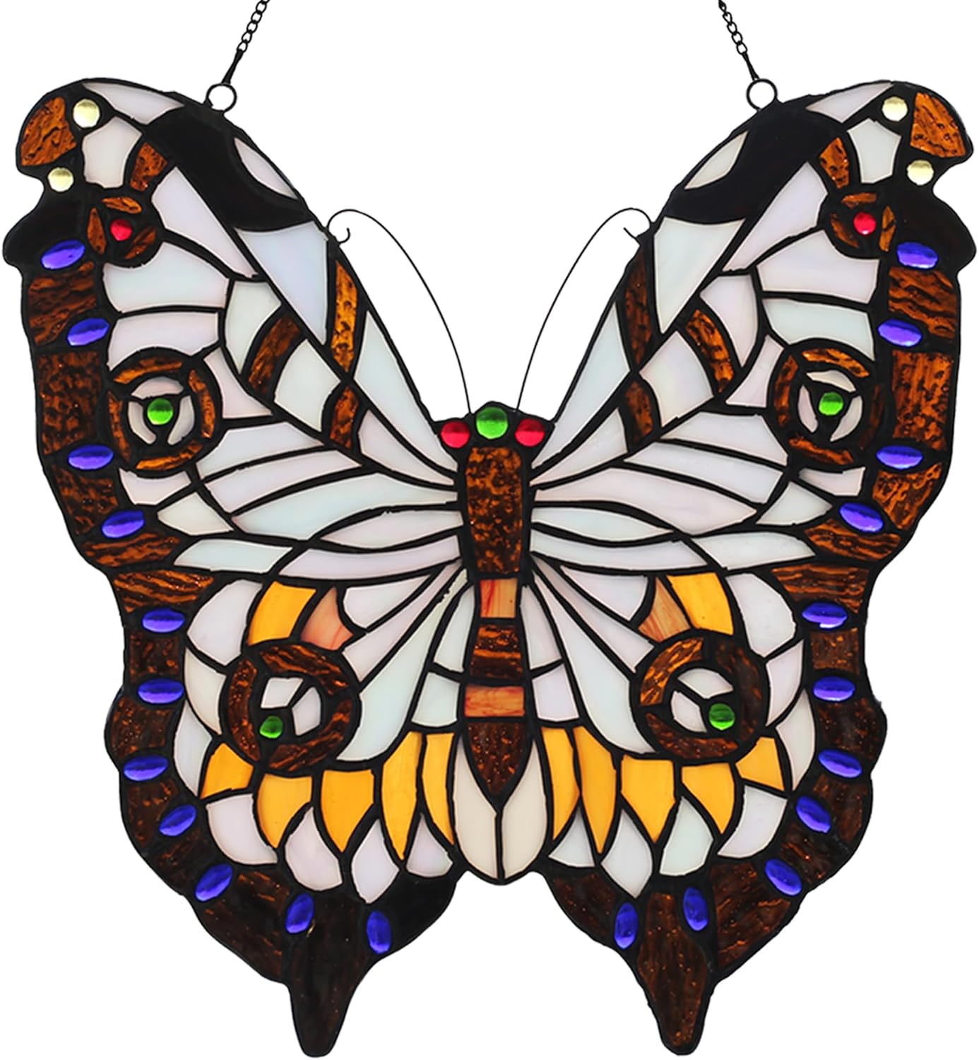 YOURANJU Butterfly Stained Glass Window Hanging Tiffany Style Handmade 12" Brown Window Panel for Living Room Bedroom Kitchen Window Decoration Hangings with Chain