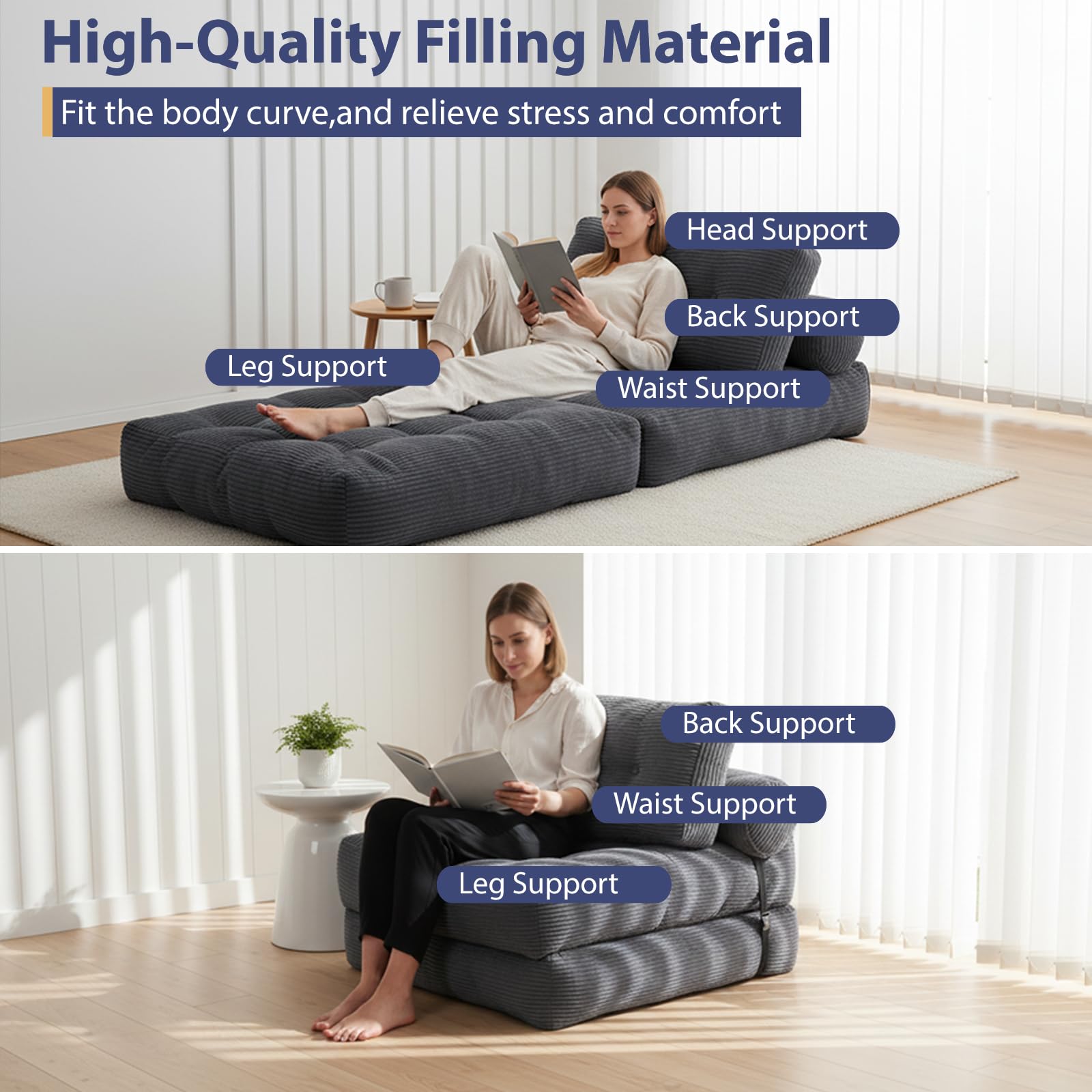 Canapé-lit Pliable et Convertible avec Oreiller, Matelas avec Support Dorsal, Fauteuil-lit Portable et Confortable pour Salon, Chambre à Coucher (Gris)