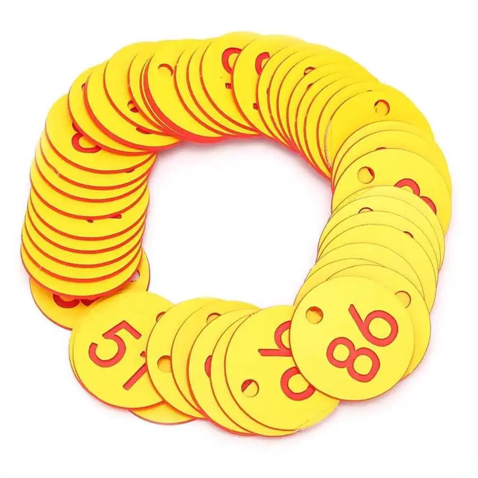 Plastikowe znaczniki numeryczne, Opakowanie 100 czerwonych i złotych plastikowych zawieszek z numerami dla organizacji(Gold)