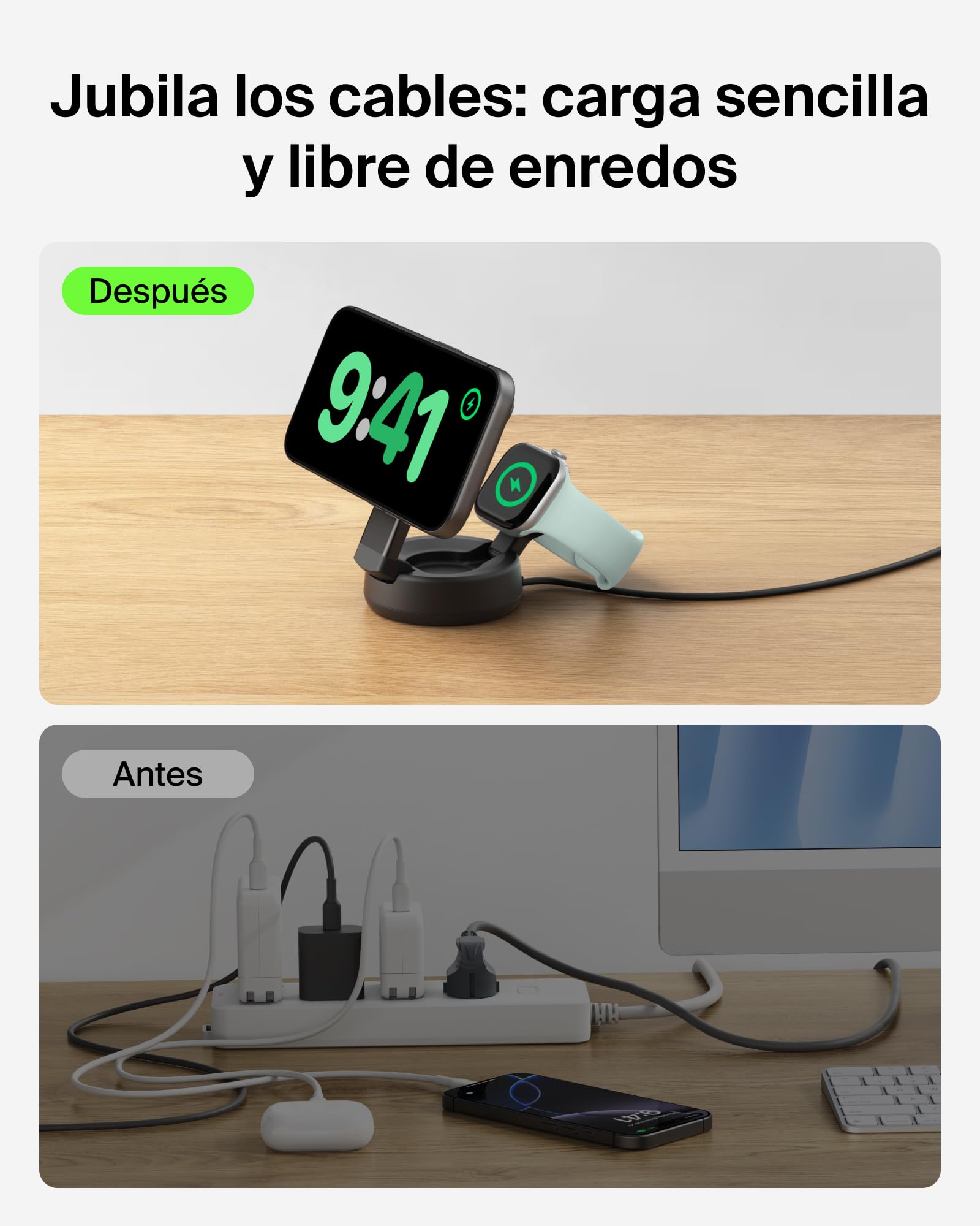 Belkin UltraCharge Pro Cargador Inalámbrico Magnético 2 en 1 Qi2 25W Carbón | Convertible, Estación Magnética Carga Inalámbrica MagSafe, Certificación Qi2.2, iPhone, Apple Watch y Cascos, Adaptador 45W