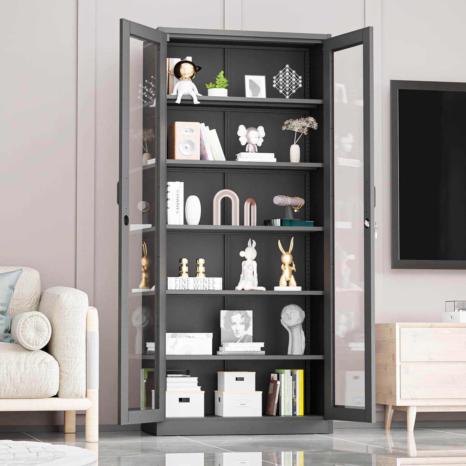Bonnlo 180cm Metal Glass Display Cabinet with 5 Adjustable Shelves, Black