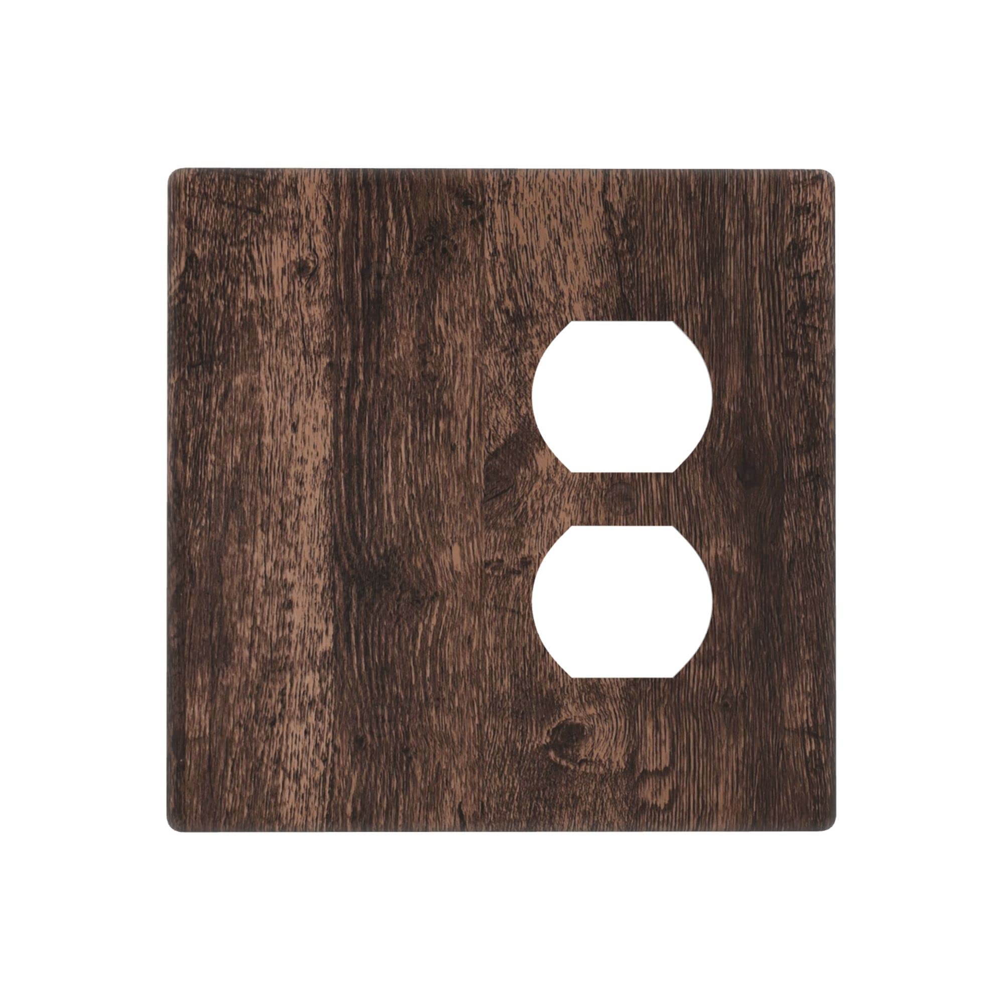 Plaque murale en bois rustique marron 2 voies avec double prise et cache vierge 11,4x11,4cm