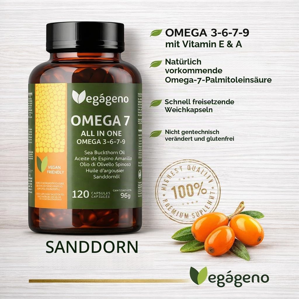 VEGAN OMEGA 7 ALL IN ONE – Sanddornöl mit Omega 3-6-7-9 & natürlichem Vitamin E. 120 Vegane Flüssigkapseln; Palmitoleinsäure (Omega 7), Nicht-GVO, glutenfrei. Sanddornöl aus Tibet.