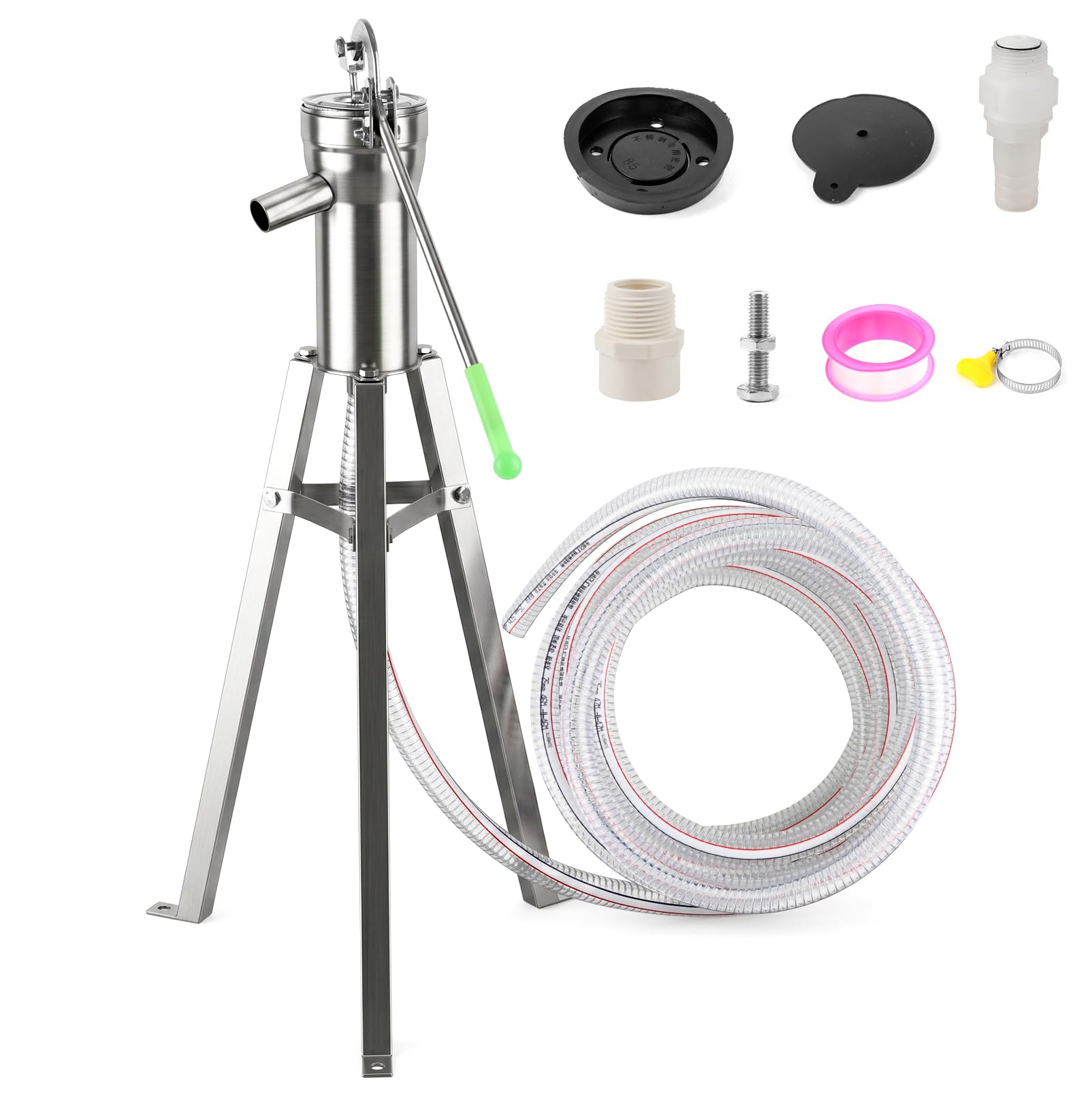 Bomba de agua manual para pozo con manguera 10m y soporte 58cm | Bomba de jardín acero inoxidable Kit completo para agua subterránea agua de lluvia jardín finca uso exterior