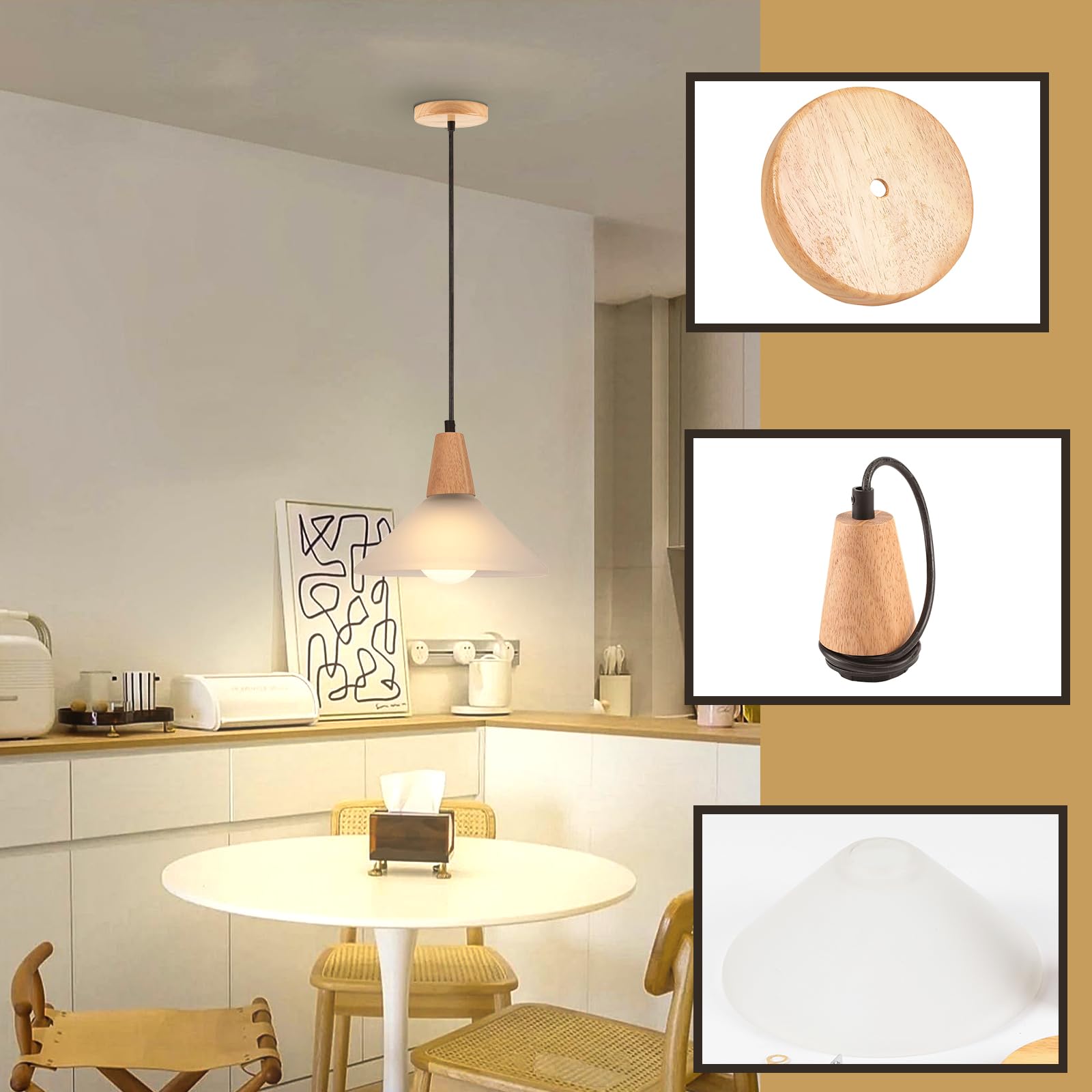 Lot de 2 Suspension Luminaire en Verre Lustre Vintage Industrielle E27 Plafonnier Lustre Moderne Abat-jour en Verre Ø23cm Bois Lampes Suspendues pour Cuisine Salle à Manger Chambre Café