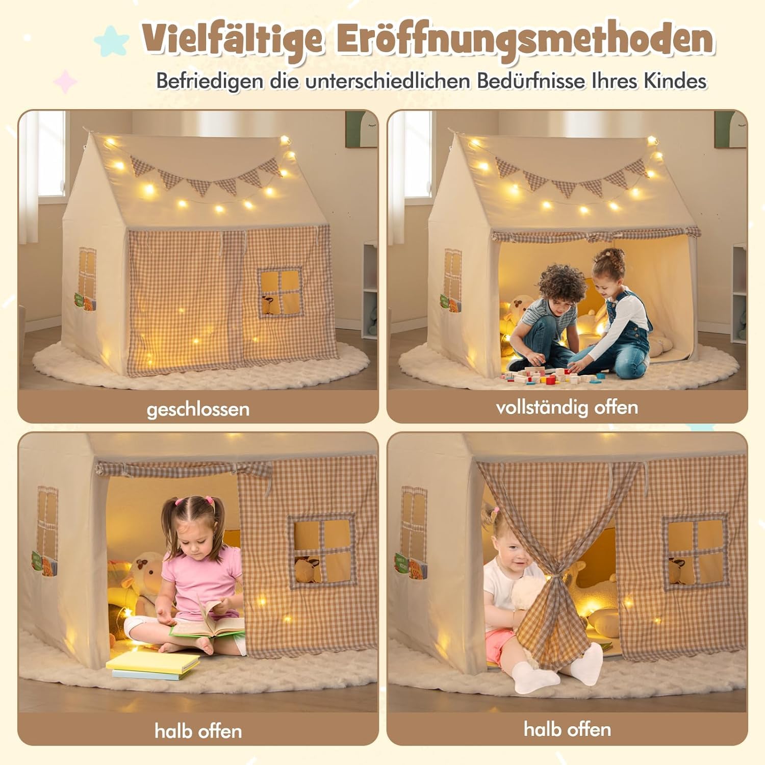 DREAMADE Kinderzelt für Drinnen mit Matte und Lichtern und Flaggenbanner, Kinder Spielhaus Indoor, Tipi Zelt, Spielzelt für Kinder ab 3 Jahren für Kinderzimmer Spielzimmer (Beige)