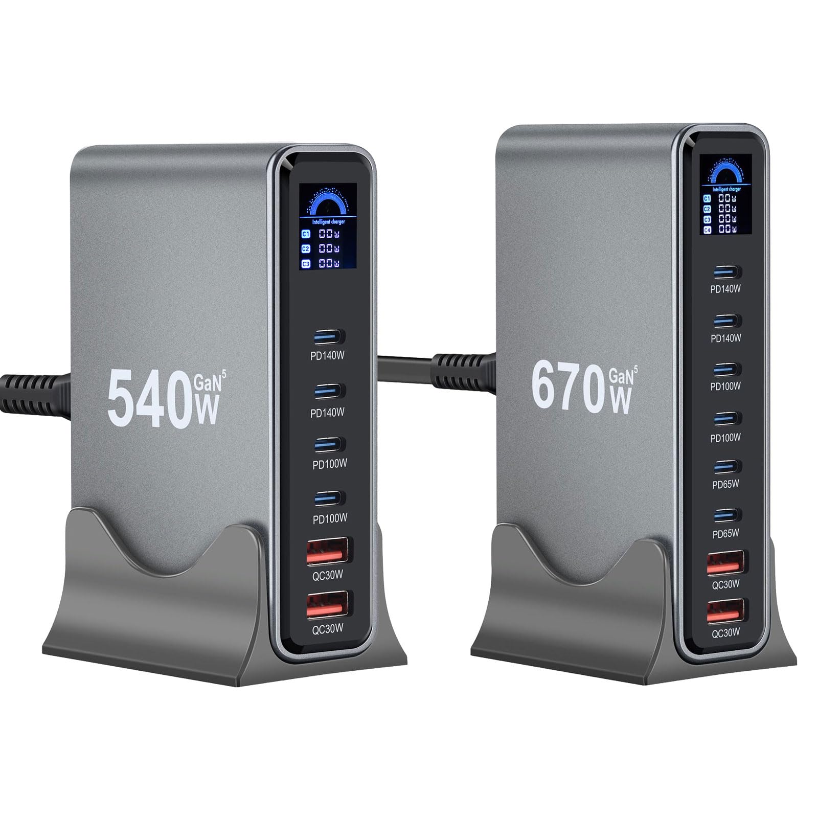 Station de charge USB de bureau avec écran LCD intelligent 540 W/670 W - Station de charge rapide USB pour tablette, smartphone, écran LCD, plusieurs ports, appareil rapide