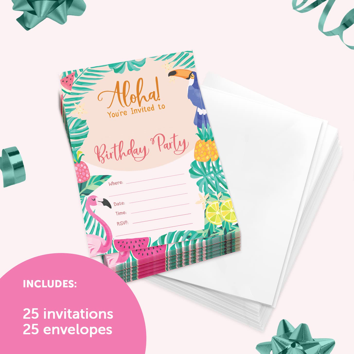 Desert Cactus Hawaiian Aloha HI Maui Tropical Happy Birthday Invitations Invite Cards (25 Count) With Envelopes Style 2 Boys Girls Kids Party (25ct)