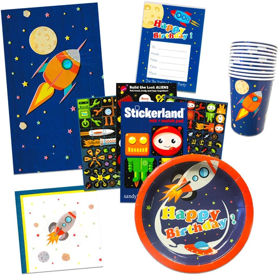 Space Party Supplies Outer Ultimate Set -- Spaceship Birthday Party Decorations, Plates, Cups, Napkins, Party Favors Bags and More (Rocket Theme)