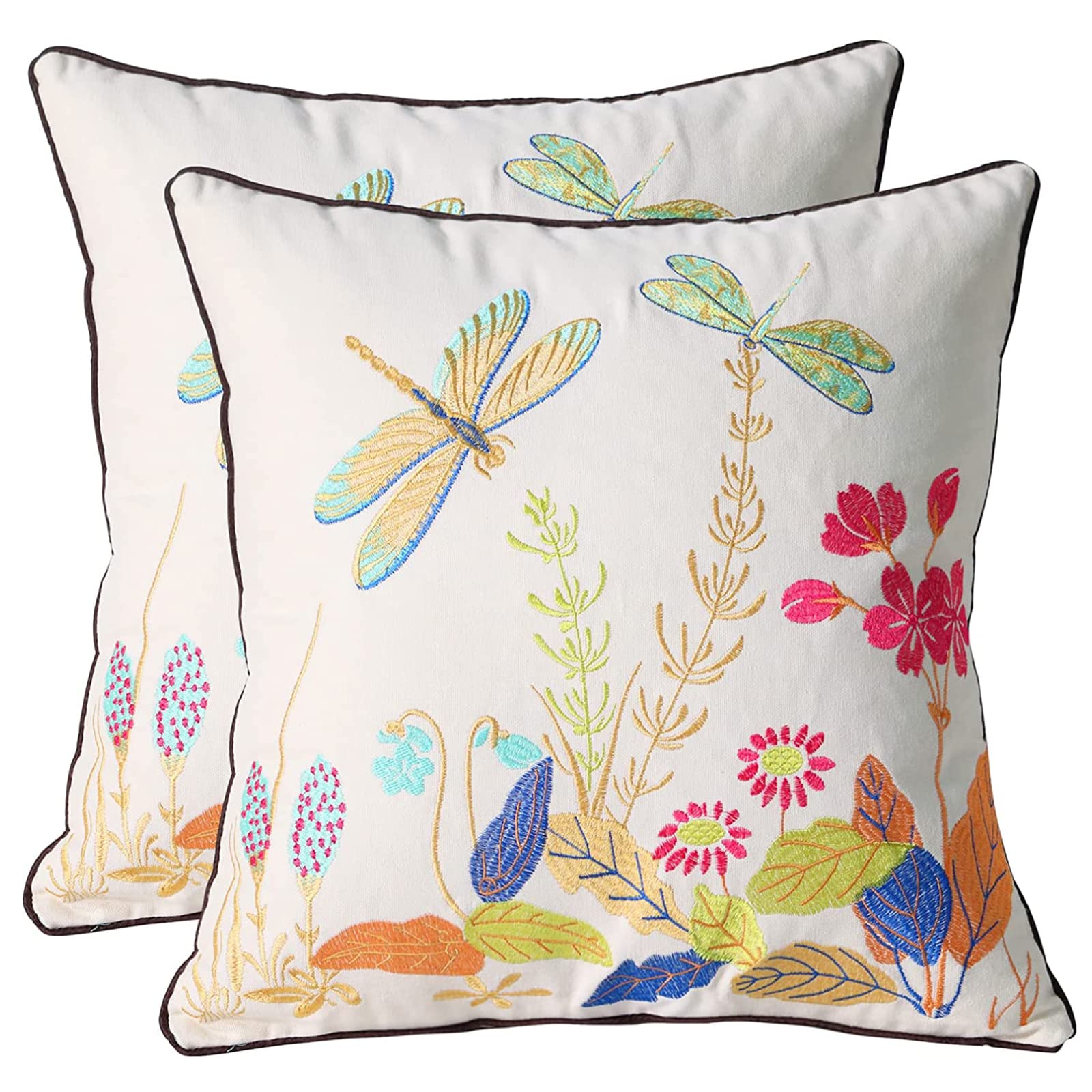 Pilmandu Dragonfly Set Of 2 Embroidered Decorative Throw Pillow Covers 45X45cm Couch Square Pillowcases Cushion For Bedroom Sofa Farmhouse Decor (Dragonfly)