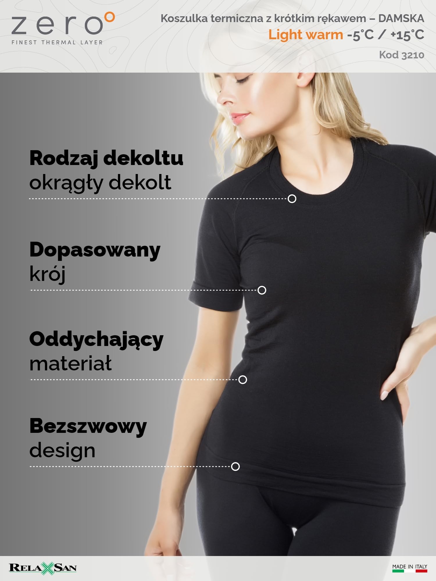 Relaxsan Zero 3210 – Damska koszulka termoaktywna T-shirt ultralekka bielizna oddychająca z włókien Dryarn i wełny merynosowej