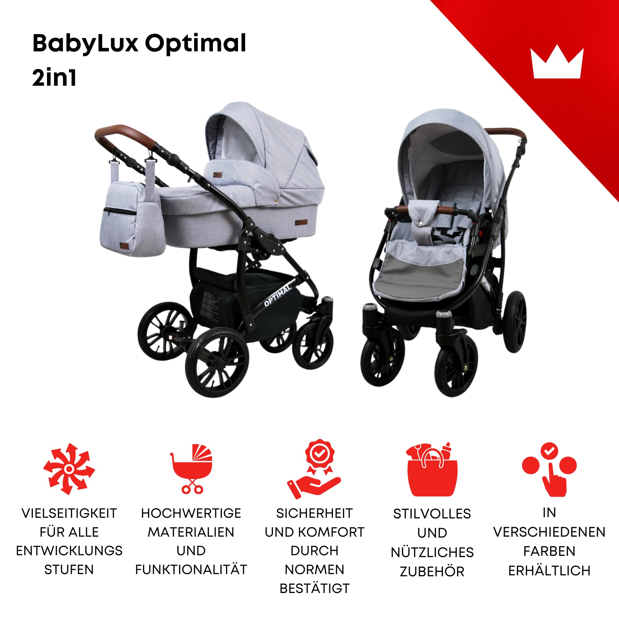 BabyLux Optimal 2-in-1 Baby Kinderwagen Tief und Kinderwagen mit Zubehör Verstellbar und faltbar Aluminium Konstruktion Wasserdicht Nicht abnehmbare Räder Silver Stone Black Frame